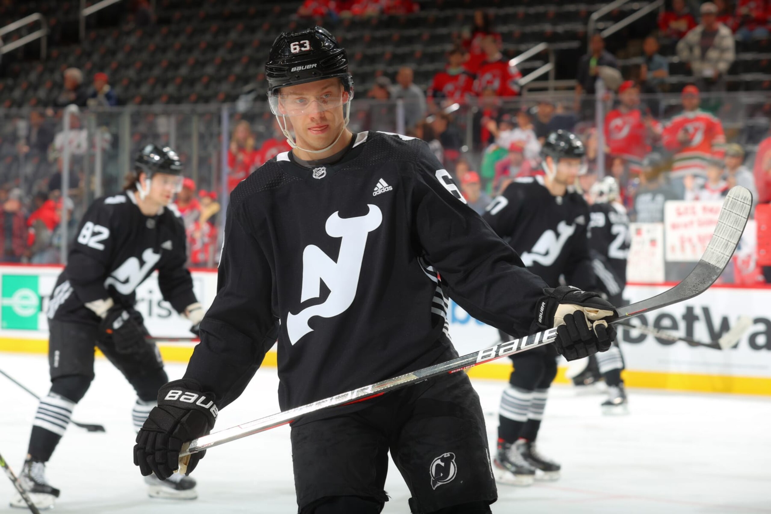 NEWARK, NJ - APRIL  29:  Jesper Bratt #63 of the New Jersey Devils warms up prior to the game against the Detroit Red Wings on April 29, 2022 at the Prudential Center in Newark, New Jersey.  (Photo by Rich Graessle/Getty Images)