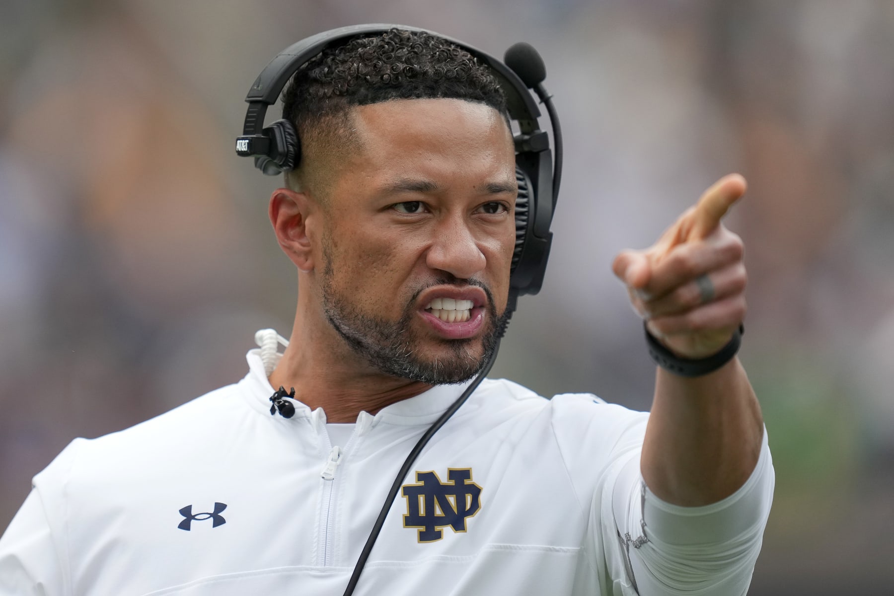SOUTH BEND, IN - APRIL 23: Notre Dame Fighting Irish head coach Marcus Freeman points down field during the Notre Dame Blue-Gold Spring Football Game on April 23, 2022 at Notre Dame Stadium in South Bend, IN. (Photo by Robin Alam/Icon Sportswire via Getty Images)