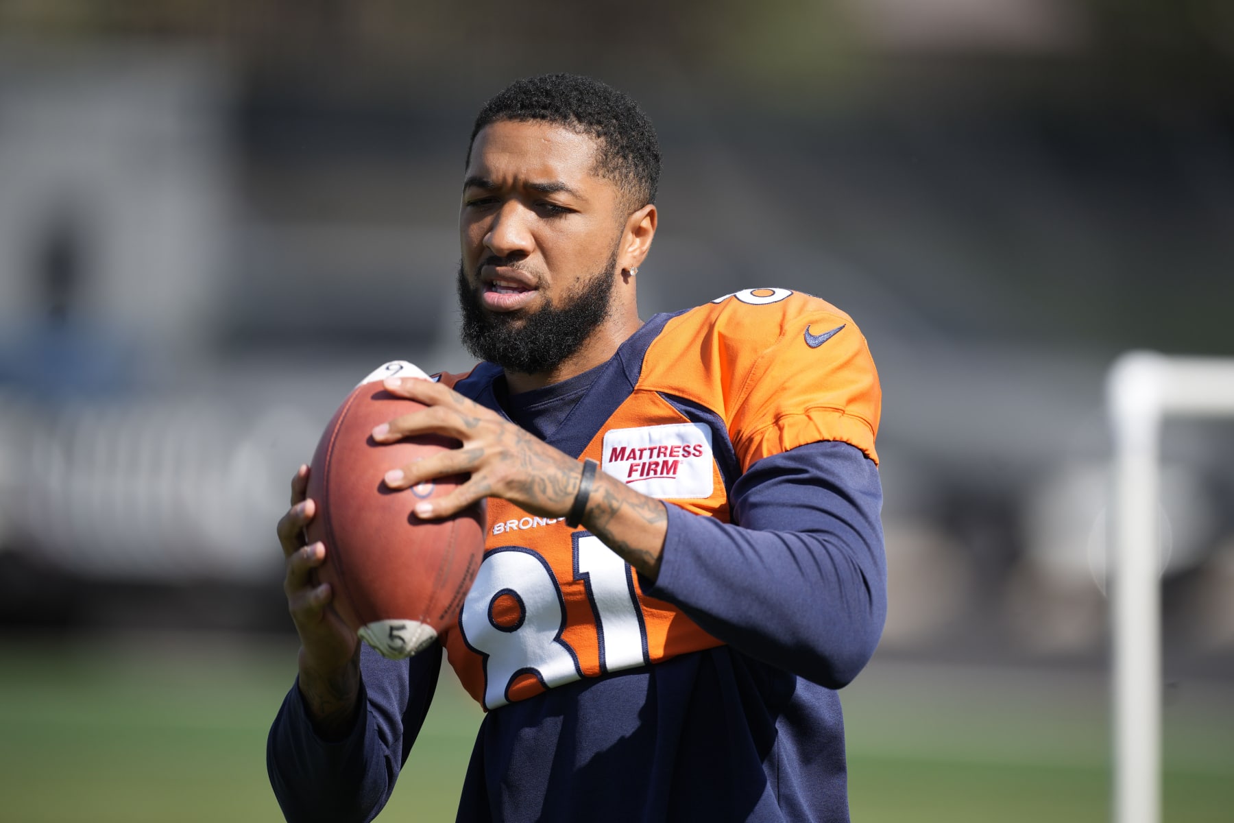 Denver Broncos wide receiver Tim Patrick (81) takes part in drills during the NFL football team's training camp Monday, Aug. 1, 2022, at the team's headquarters in Centennial, Colo. (AP Photo/David Zalubowski)