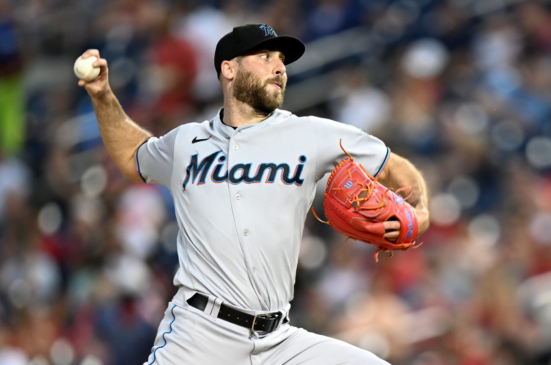WASHINGTON, DC - JULY 01: Anthony Bass #52 of the Miami Marlins pitches against the Washington Nationals at Nationals Park on July 01, 2022 in Washington, DC. (Photo by G Fiume/Getty Images)