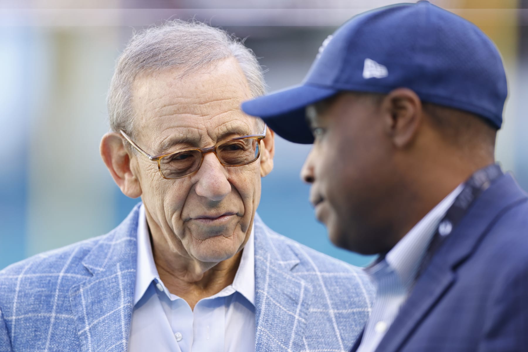 MIAMI GARDENS, FLORIDA - NOVEMBER 07: Owner Stephen Ross talks with general manager Chris Grier prior to the game against the Houston Texans at Hard Rock Stadium on November 07, 2021 in Miami Gardens, Florida. (Photo by Michael Reaves/Getty Images)