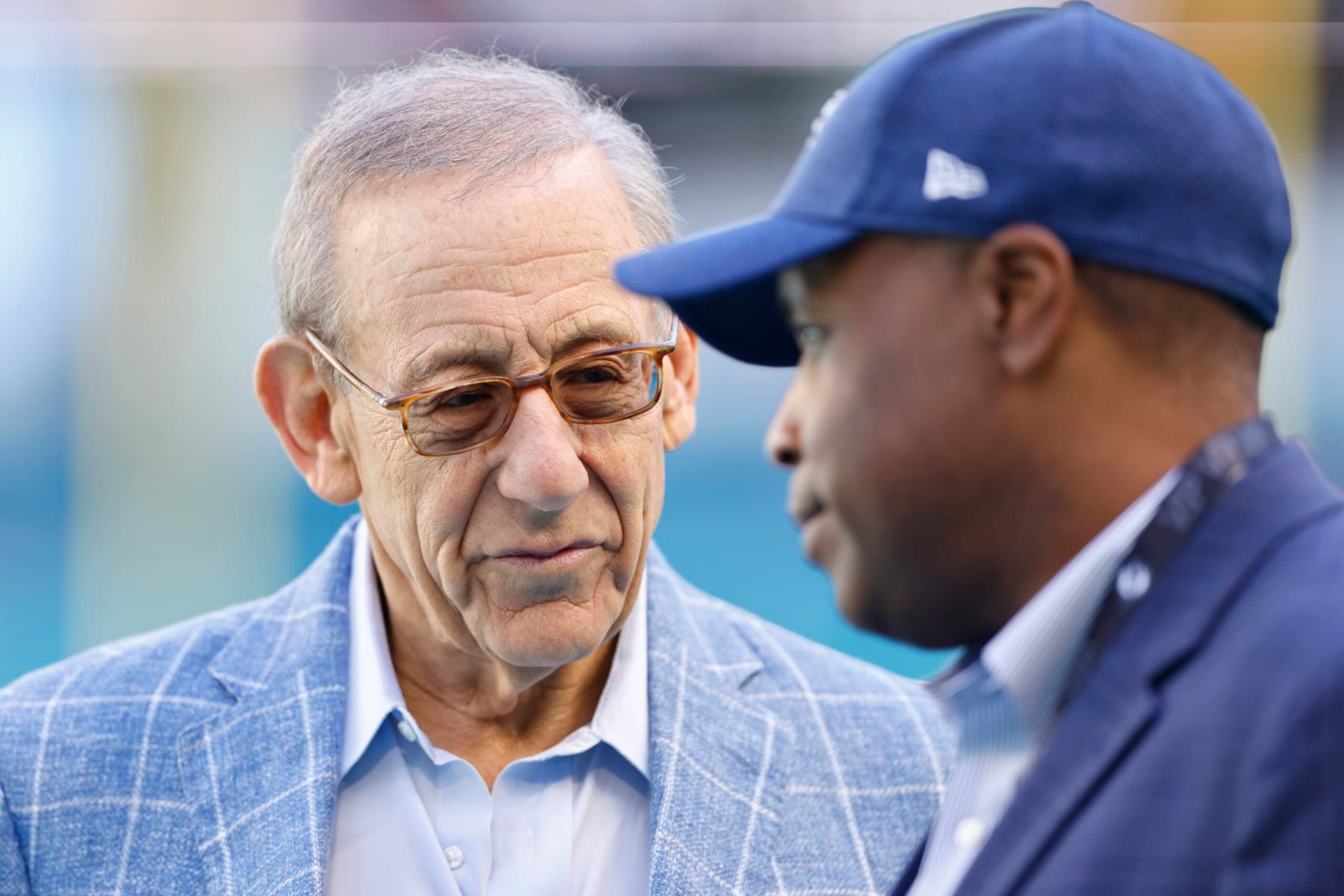 MIAMI GARDENS, FLORIDA - NOVEMBER 07: Owner Stephen Ross talks with general manager Chris Grier prior to the game against the Houston Texans at Hard Rock Stadium on November 07, 2021 in Miami Gardens, Florida. (Photo by Michael Reaves/Getty Images)