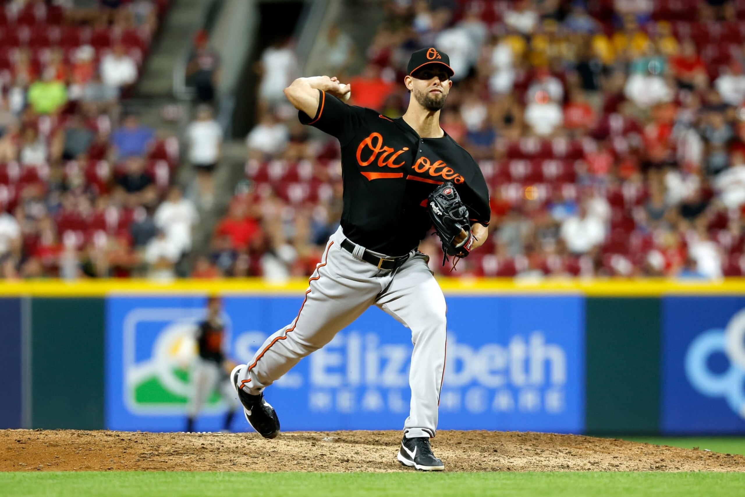 CINCINNATI, OH - JULY 29:  Jorge Lopez #48 of the Baltimore Orioles pitches during the game against the Cincinnati Reds at Great American Ball Park on July 29, 2022 in Cincinnati, Ohio. Baltimore defeated Cincinnati 6-2. (Photo by Kirk Irwin/Getty Images)