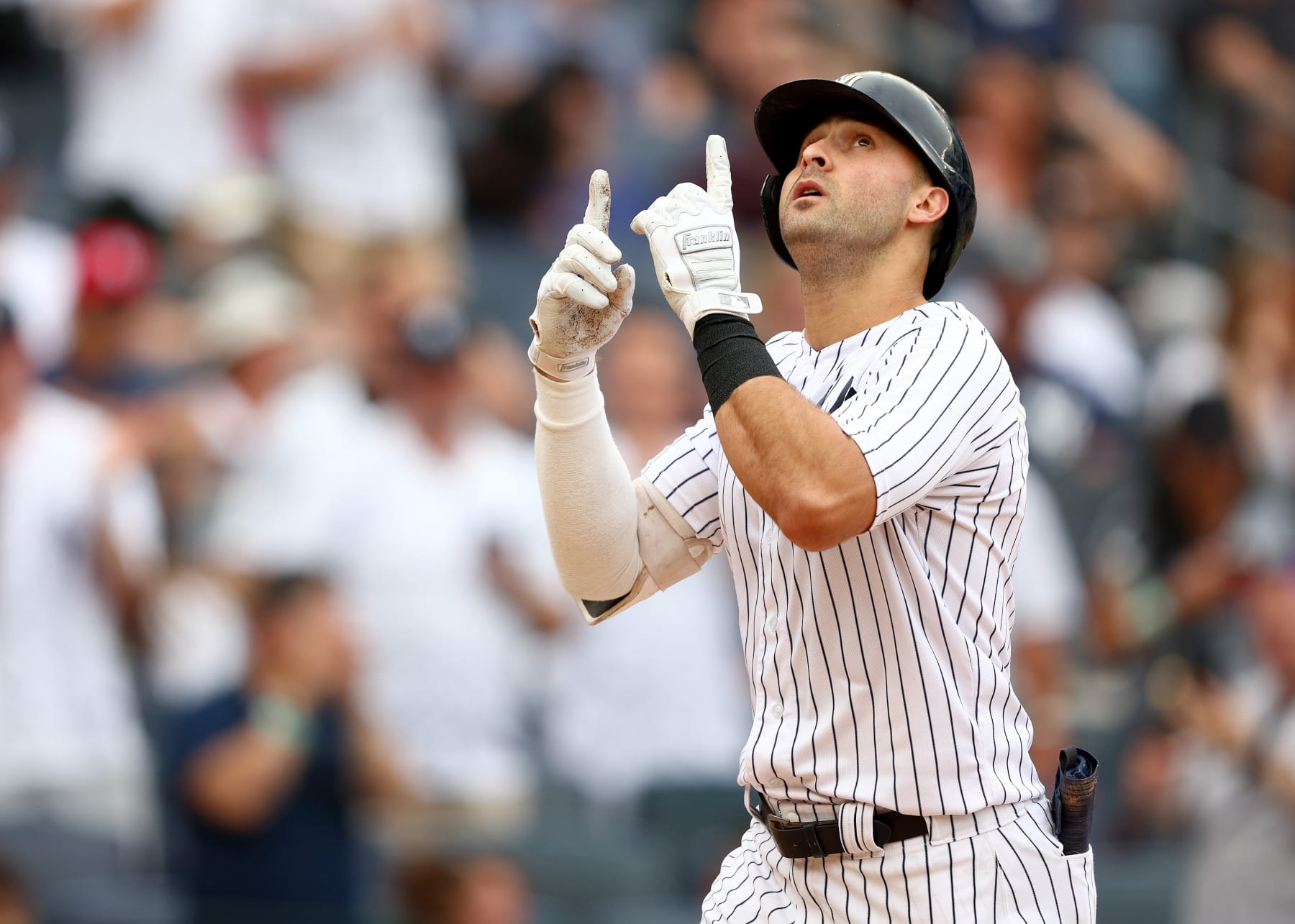 NEW YORK, NEW YORK - JULY 17:  Joey Gallo #13 of the New York Yankees celebrates his two run home run in the seventh inning against the Boston Red Sox at Yankee Stadium on July 17, 2022 in the Bronx borough of New York City. (Photo by Elsa/Getty Images)