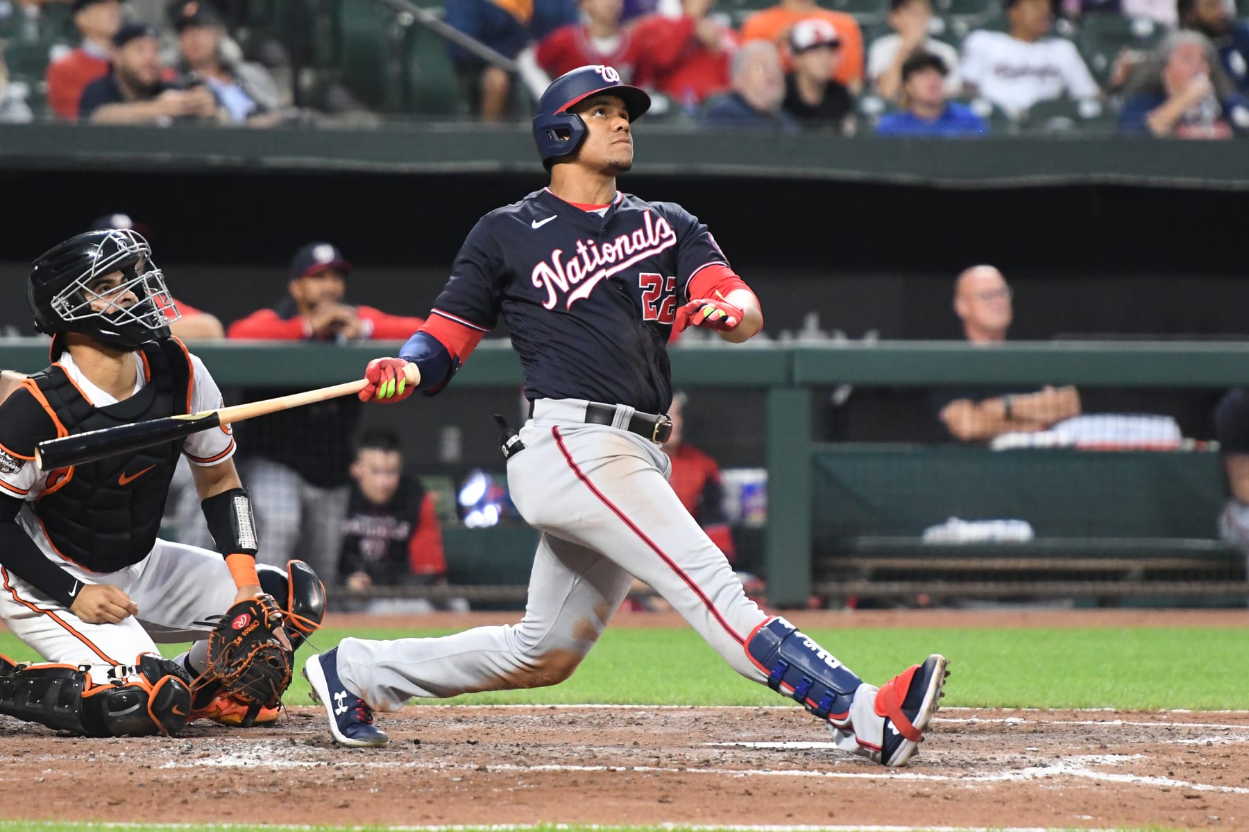 BALTIMORE, MD - JUNE 22:  Juan Soto #22 of the Washington Nationals takes a swing during a baseball game against the Baltimore Orioles at Oriole Park at Camden Yards on June 22, 2022 in Baltimore, Maryland.   (Photo by Mitchell Layton/Getty Images)