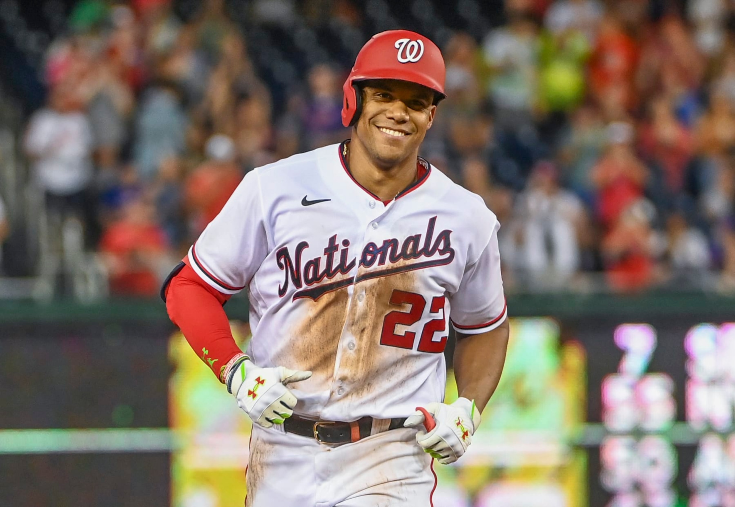 WASHINGTON, DC - AUGUST 1: Washington Nationals right fielder Juan Soto (22) was all smiles after he hit a solo homer off of New York Mets starting pitcher Max Scherzer (21) in the fourth inning at Nationals Park. Photo by Jonathan Newton/The Washington Post via Getty Images) WASHINGTON, DC - AUGUST 1: Washington Nationals right fielder Juan Soto (22) was all smiles after he hit a solo homer off of New York Mets starting pitcher Max Scherzer (21) in the fourth inning at Nationals Park. Photo by Jonathan Newton/The Washington Post via Getty Images)