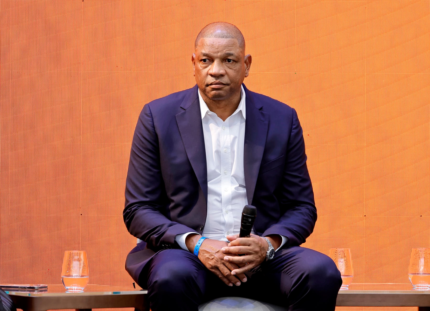 LOS ANGELES, CALIFORNIA - JUNE 13: Head Coach of the Philadelphia 76ers Doc Rivers speaks onstage during "The Intersection of Sports & Democracy" segment at When We All Vote Inaugural Culture Of Democracy Summit on June 13, 2022 in Los Angeles, California. (Photo by Kevin Winter/Getty Images)