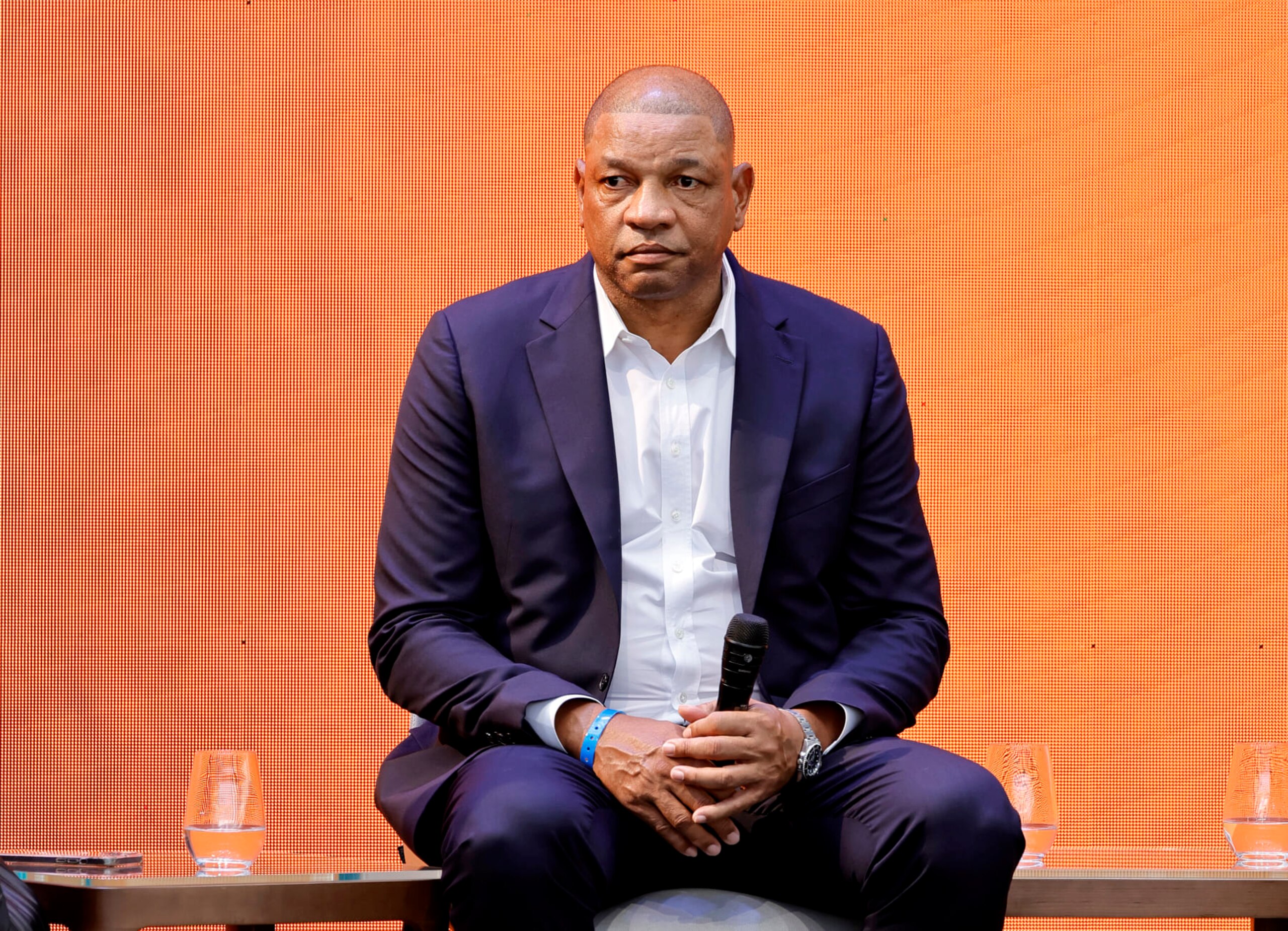LOS ANGELES, CALIFORNIA - JUNE 13: Head Coach of the Philadelphia 76ers Doc Rivers speaks onstage during "The Intersection of Sports & Democracy" segment at When We All Vote Inaugural Culture Of Democracy Summit on June 13, 2022 in Los Angeles, California. (Photo by Kevin Winter/Getty Images)