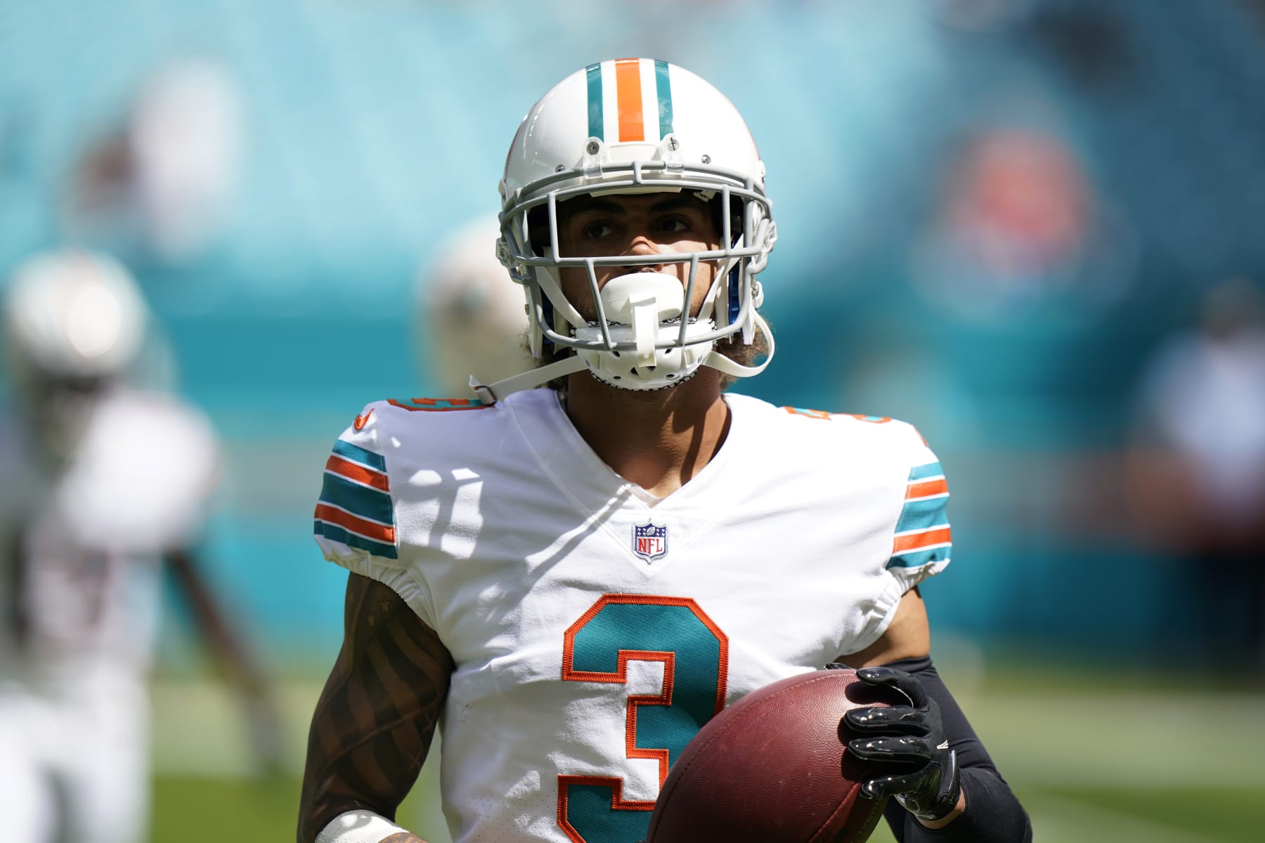 Miami Dolphins wide receiver Will Fuller V (3) warms up before an NFL football game against the Indianapolis Colts, Sunday, Oct. 3, 2021, in Miami Gardens, Fla. (AP Photo/WIlfredo Lee)