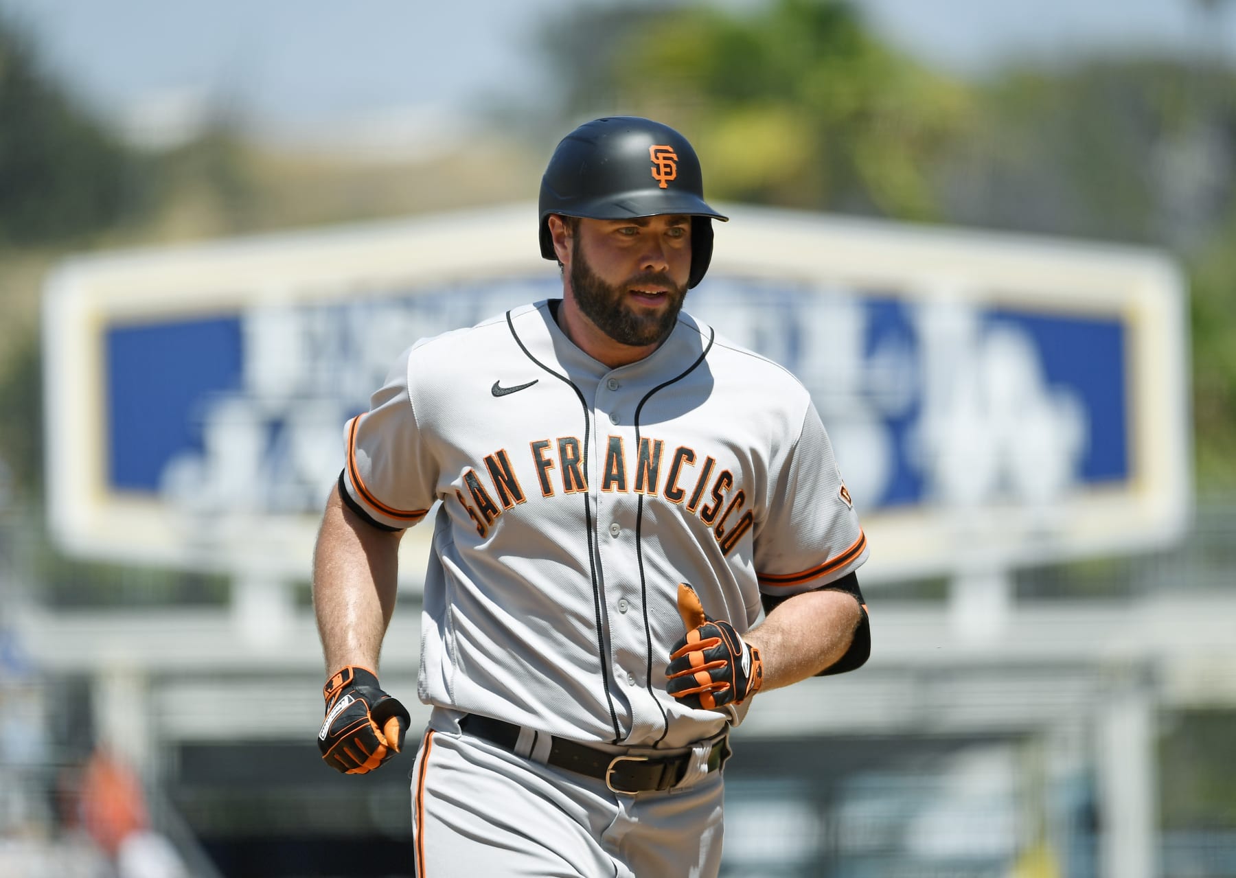 LOS ANGELES, CA - JULY 24: Darin Ruf #33 of the San Francisco Giants runs the bases after hitting a two-run home run against starting pitcher Clayton Kershaw #22 of the Los Angeles Dodgers during the fifth inning at Dodger Stadium on July 24, 2022 in Los Angeles, California. (Photo by Kevork Djansezian/Getty Images)