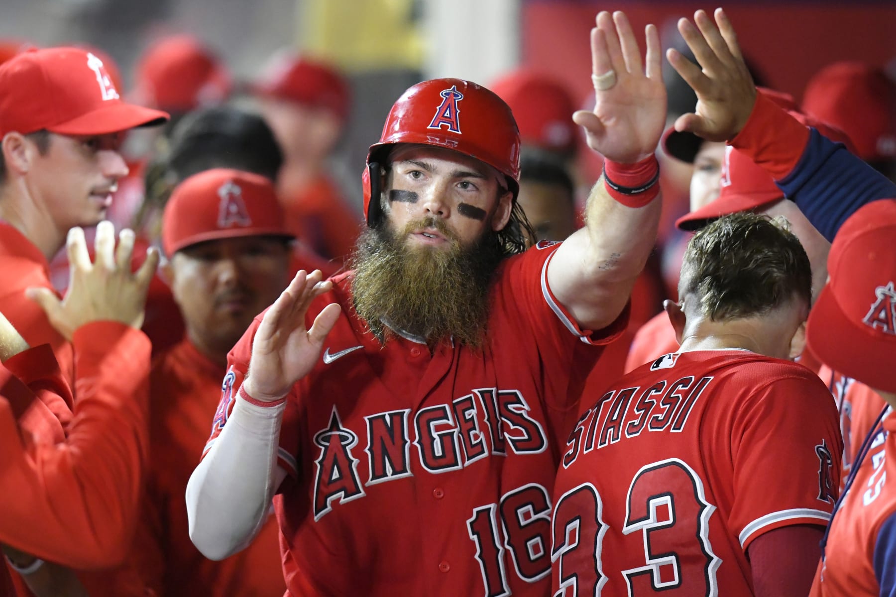 ANAHEIM, CA - JULY 30: Brandon Marsh #16 of the Los Angeles Angels celebrates while playing the Texas Rangers at Angel Stadium of Anaheim on July 30, 2022 in Anaheim, California. (Photo by John McCoy/Getty Images)