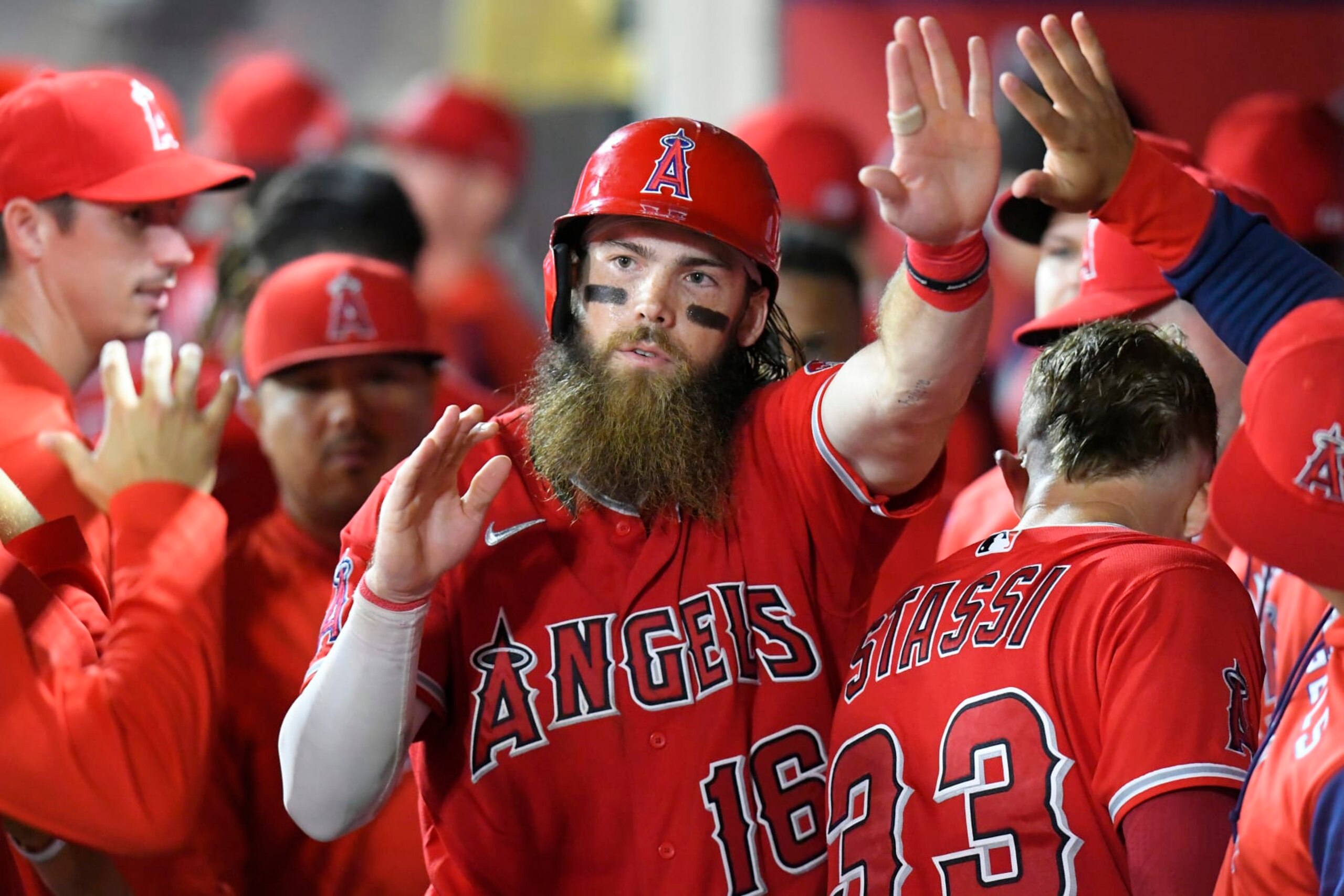 ANAHEIM, CA - JULY 30: Brandon Marsh #16 of the Los Angeles Angels celebrates while playing the Texas Rangers at Angel Stadium of Anaheim on July 30, 2022 in Anaheim, California. (Photo by John McCoy/Getty Images)