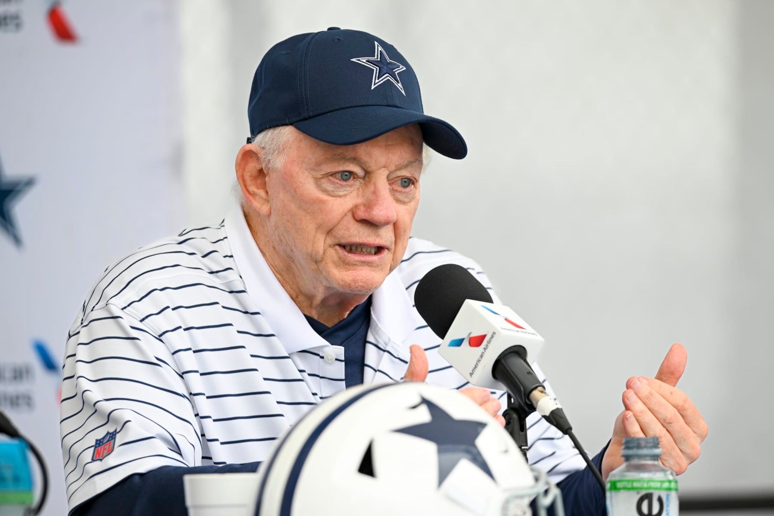 Dallas Cowboys owner Jerry Jones takes questions from the media at the start of NFL football training camp, Tuesday, July 26, 2022, in Oxnard, Calif. (AP Photo/Gus Ruelas) Dallas Cowboys owner Jerry Jones takes questions from the media at the start of NFL football training camp, Tuesday, July 26, 2022, in Oxnard, Calif. (AP Photo/Gus Ruelas)