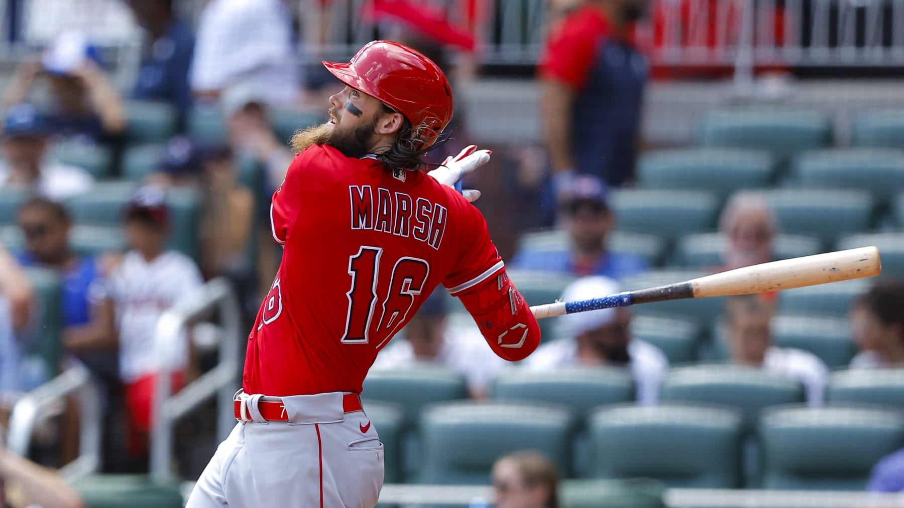 ATLANTA, GA - JULY 24: Brandon Marsh #16 of the Los Angeles Angels bats during the seventh inning against the Atlanta Braves at Truist Park on July 24, 2022 in Atlanta, Georgia. (Photo by Todd Kirkland/Getty Images)