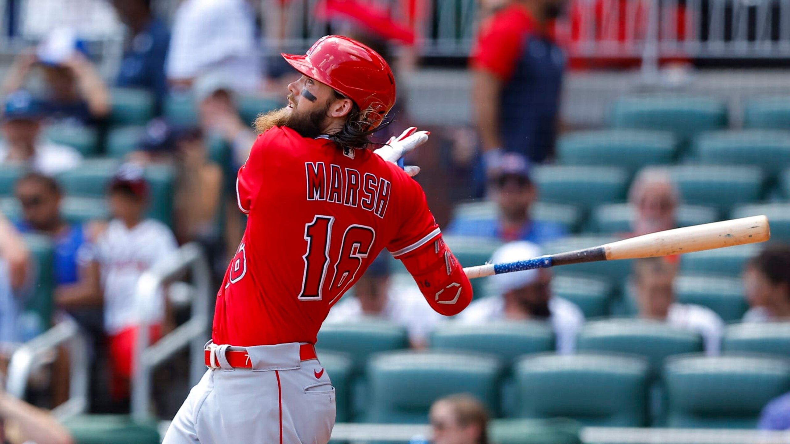 ATLANTA, GA - JULY 24: Brandon Marsh #16 of the Los Angeles Angels bats during the seventh inning against the Atlanta Braves at Truist Park on July 24, 2022 in Atlanta, Georgia. (Photo by Todd Kirkland/Getty Images)