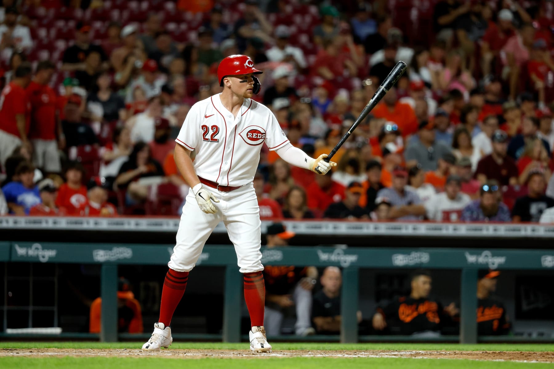CINCINNATI, OH - JULY 29:  Brandon Drury #22 of the Cincinnati Reds bats during the game against the Baltimore Orioles at Great American Ball Park on July 29, 2022 in Cincinnati, Ohio. Baltimore defeated Cincinnati 6-2. (Photo by Kirk Irwin/Getty Images)