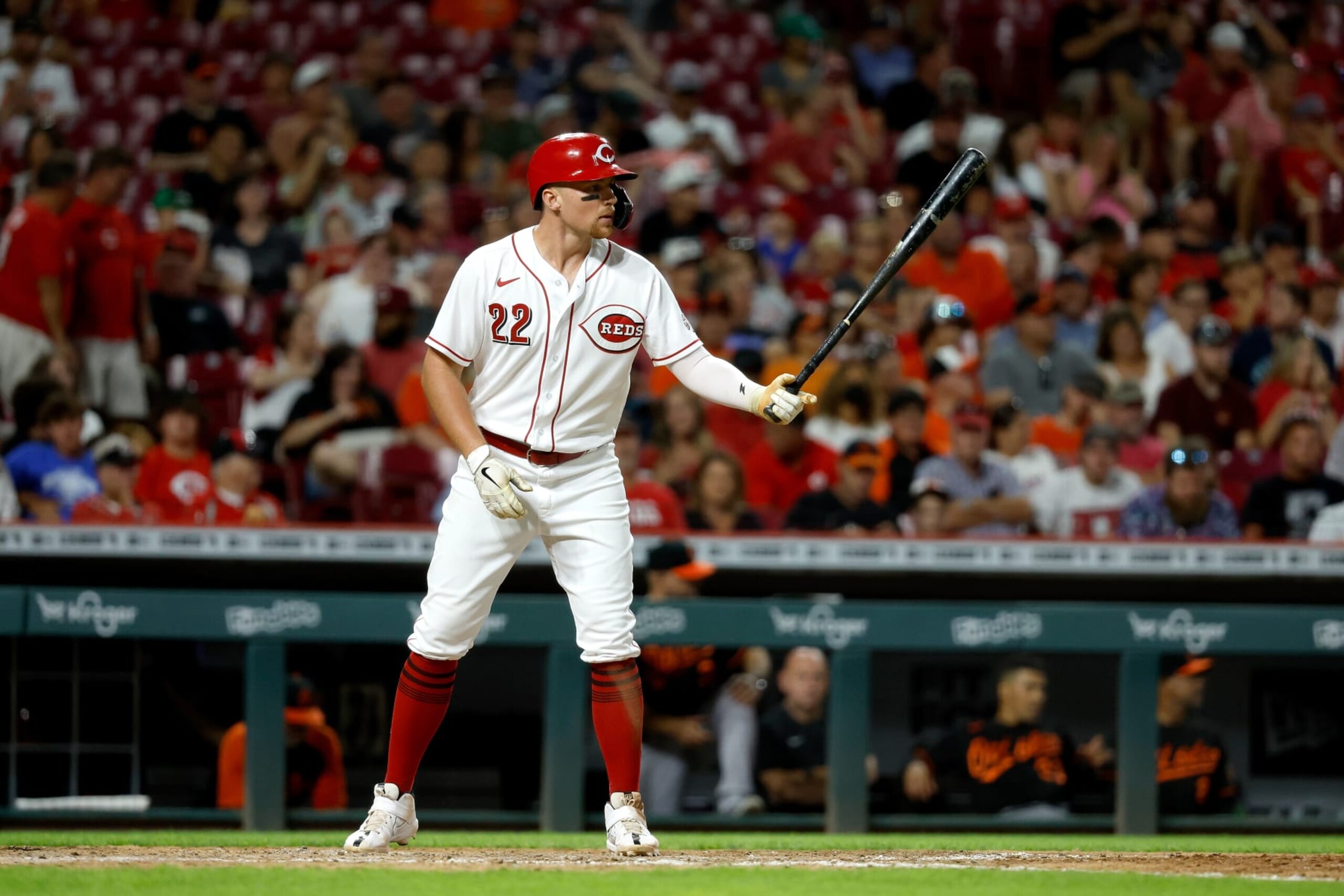 CINCINNATI, OH - JULY 29:  Brandon Drury #22 of the Cincinnati Reds bats during the game against the Baltimore Orioles at Great American Ball Park on July 29, 2022 in Cincinnati, Ohio. Baltimore defeated Cincinnati 6-2. (Photo by Kirk Irwin/Getty Images)