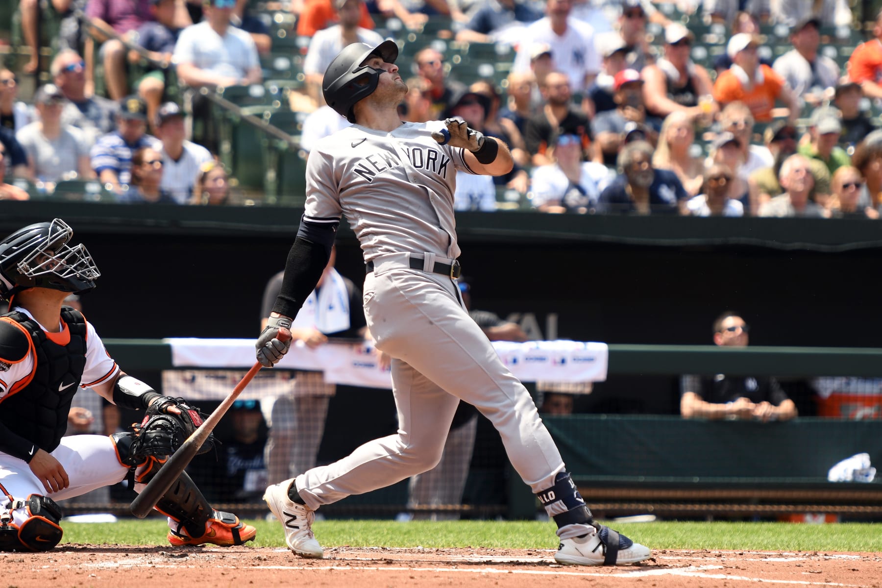 BALTIMORE, MD - JULY 24:  Joey Gallo #13 of the New York Yankees takes a swing during a baseball game against the Baltimore Orioles at Oriole Park at Camden Yards on July 24, 2022 in Baltimore, Maryland.  (Photo by Mitchell Layton/Getty Images)
