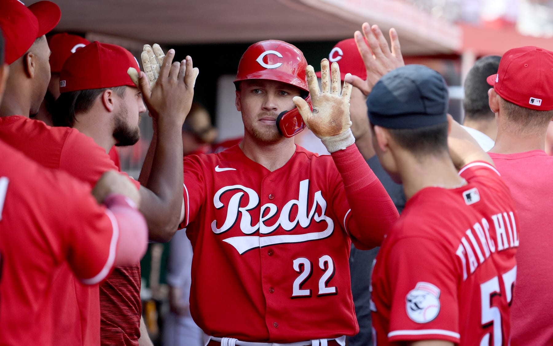 CINCINNATI, OHIO - JULY 31: Brandon Drury #22 of the Cincinnati Reds celebrates after hitting a home run in the 8th inning in the 3-2 win against the Baltimore Orioles at Great American Ball Park on July 31, 2022 in Cincinnati, Ohio. (Photo by Andy Lyons/Getty Images)