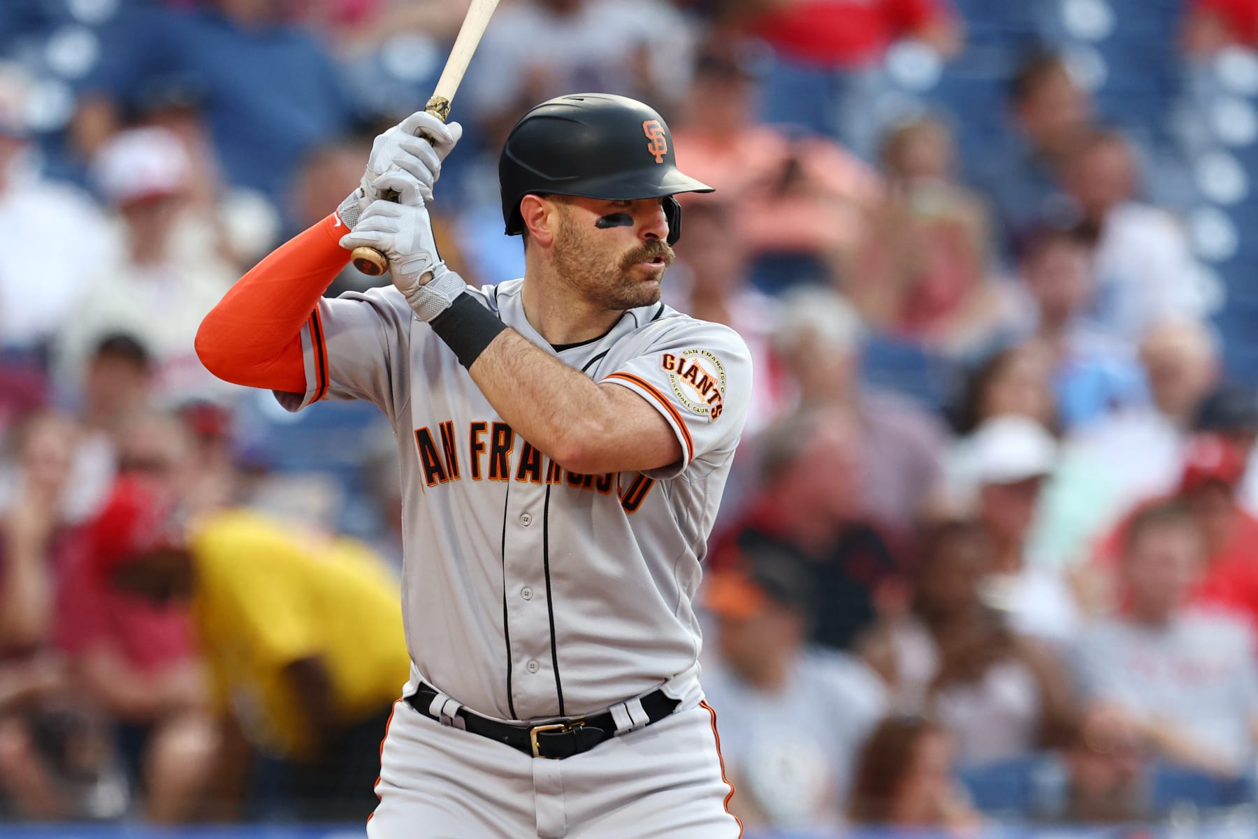 PHILADELPHIA, PA - MAY 31: Curt Casali #2 of the San Francisco Giants in action during a game against the Philadelphia Phillies at Citizens Bank Park on May 31, 2022 in Philadelphia, Pennsylvania. (Photo by Rich Schultz/Getty Images)