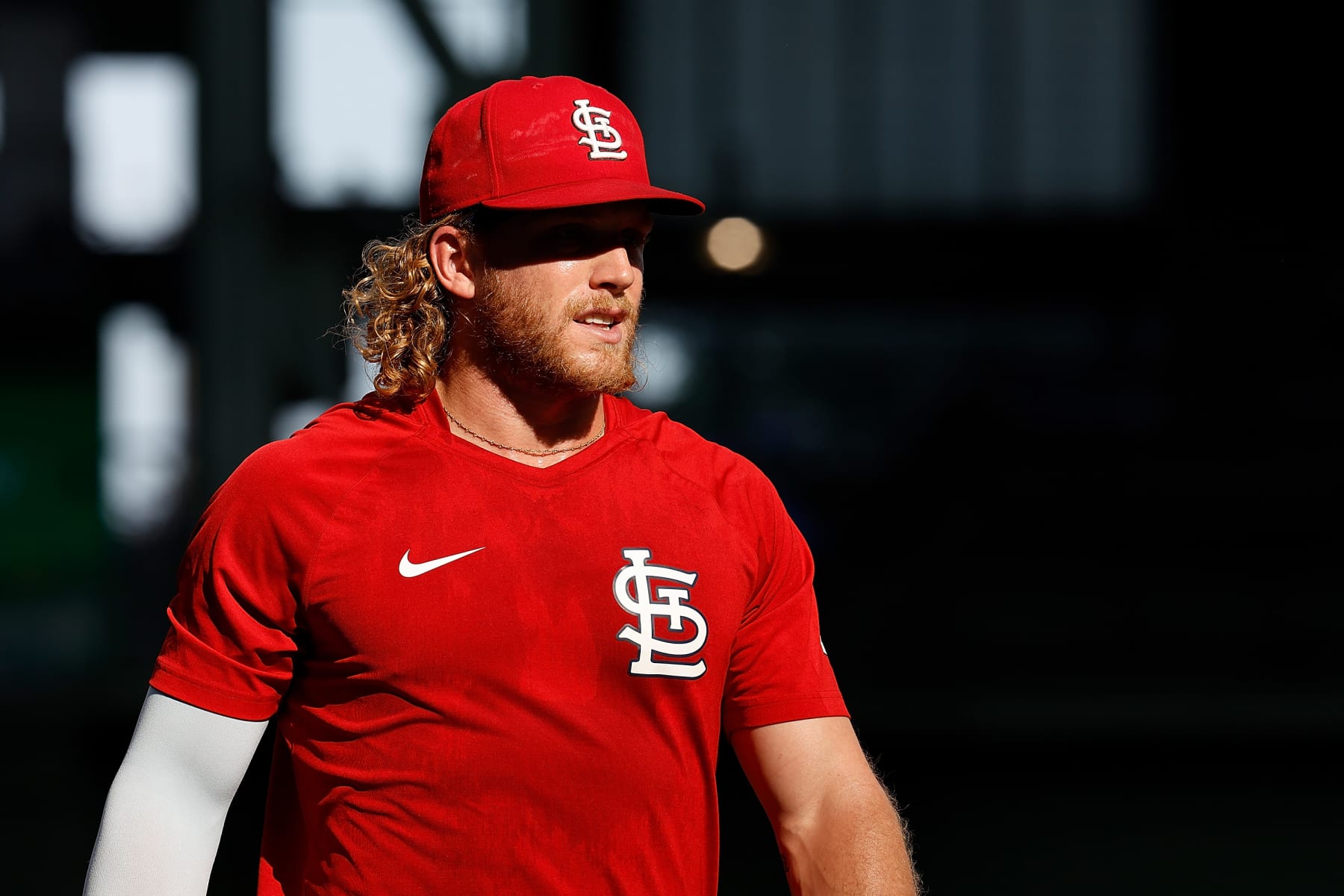 MILWAUKEE, WISCONSIN - JUNE 21: Harrison Bader #48 of the St. Louis Cardinals during batting practice as the sun shines through the stadium panels before the game against the Milwaukee Brewers at American Family Field on June 21, 2022 in Milwaukee, Wisconsin. Cardinals defeated the Brewers 6-2. (Photo by John Fisher/Getty Images)