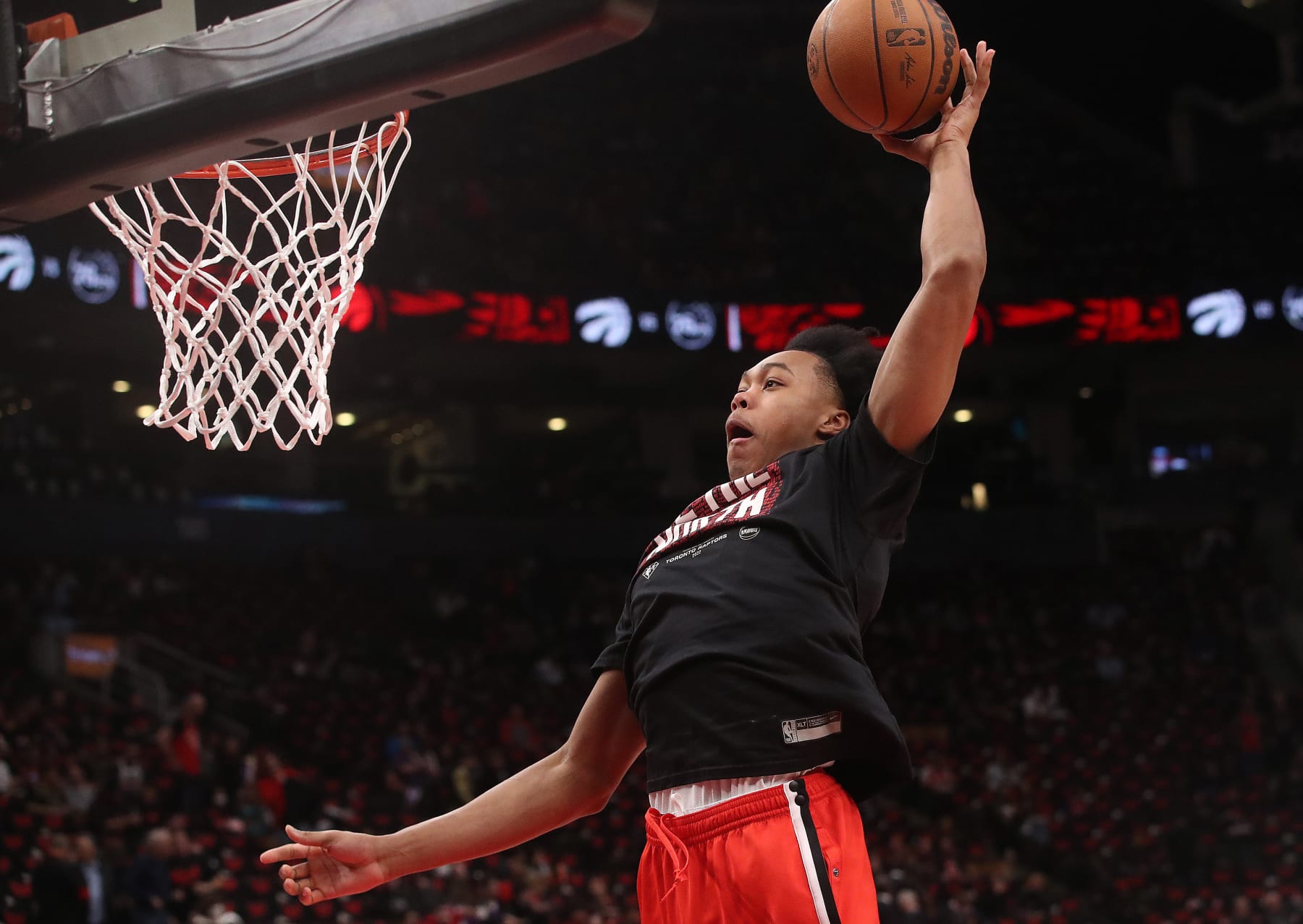 TORONTO, ON- APRIL 28  - Toronto Raptors forward Scottie Barnes (4) dunks in warm ups, the Toronto Raptors fall the Philadelphia 76ers in Game 6 and lose their first round NBA playoff series 4-2 in Scotiabank Arena in Toronto. April 28, 2022.        (Steve Russell/Toronto Star via Getty Images)