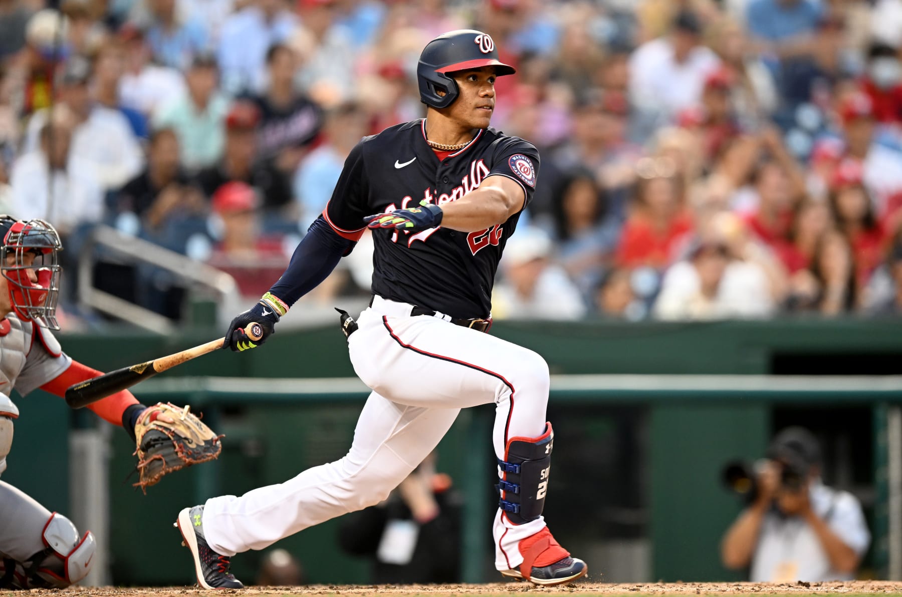 WASHINGTON, DC - JULY 29: Juan Soto #22 of the Washington Nationals hits a single in the fourth inning against the St. Louis Cardinals at Nationals Park on July 29, 2022 in Washington, DC. (Photo by Greg Fiume/Getty Images)