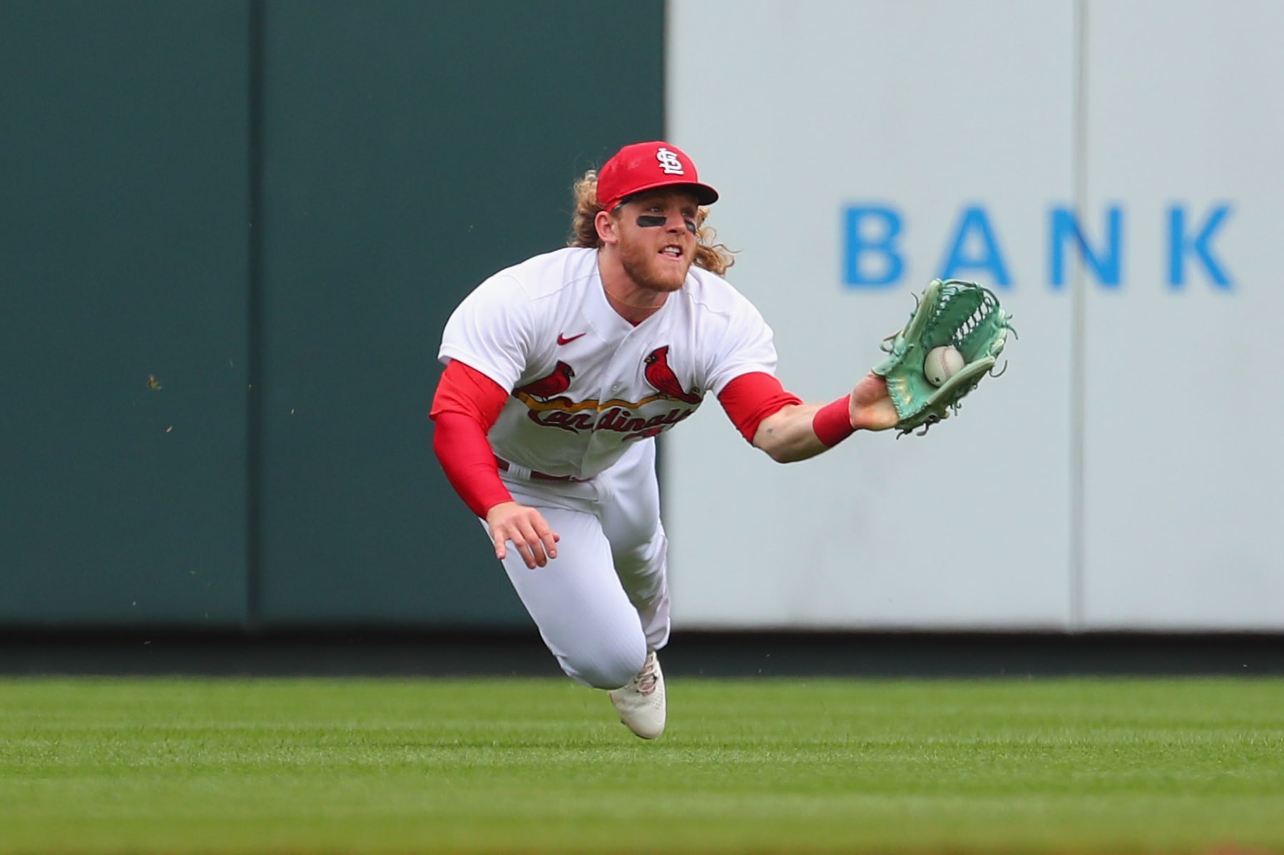 ST LOUIS, MO - JUNE 01: Harrison Bader #48 of the St. Louis Cardinals catches a fly ball against the San Diego Padres in the first inning at Busch Stadium on June 1, 2022 in St Louis, Missouri. (Photo by Dilip Vishwanat/Getty Images)