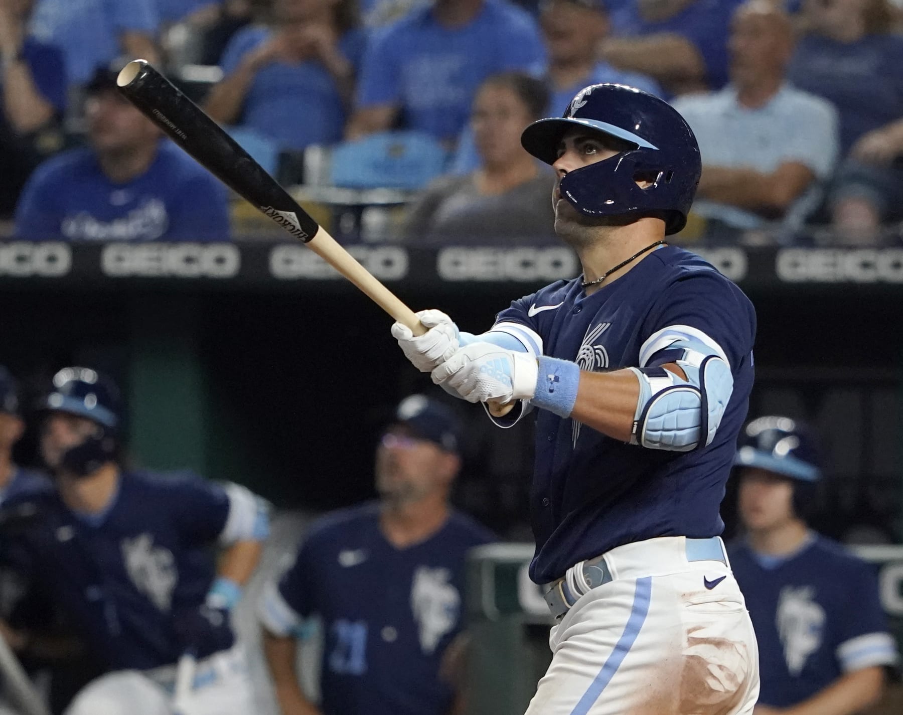 KANSAS CITY, MISSOURI - JULY 08:  Whit Merrifield #15 of the Kansas City Royals hits a two-run home run in the eighth inning against the Cleveland Guardians at Kauffman Stadium on July 08, 2022 in Kansas City, Missouri. (Photo by Ed Zurga/Getty Images)