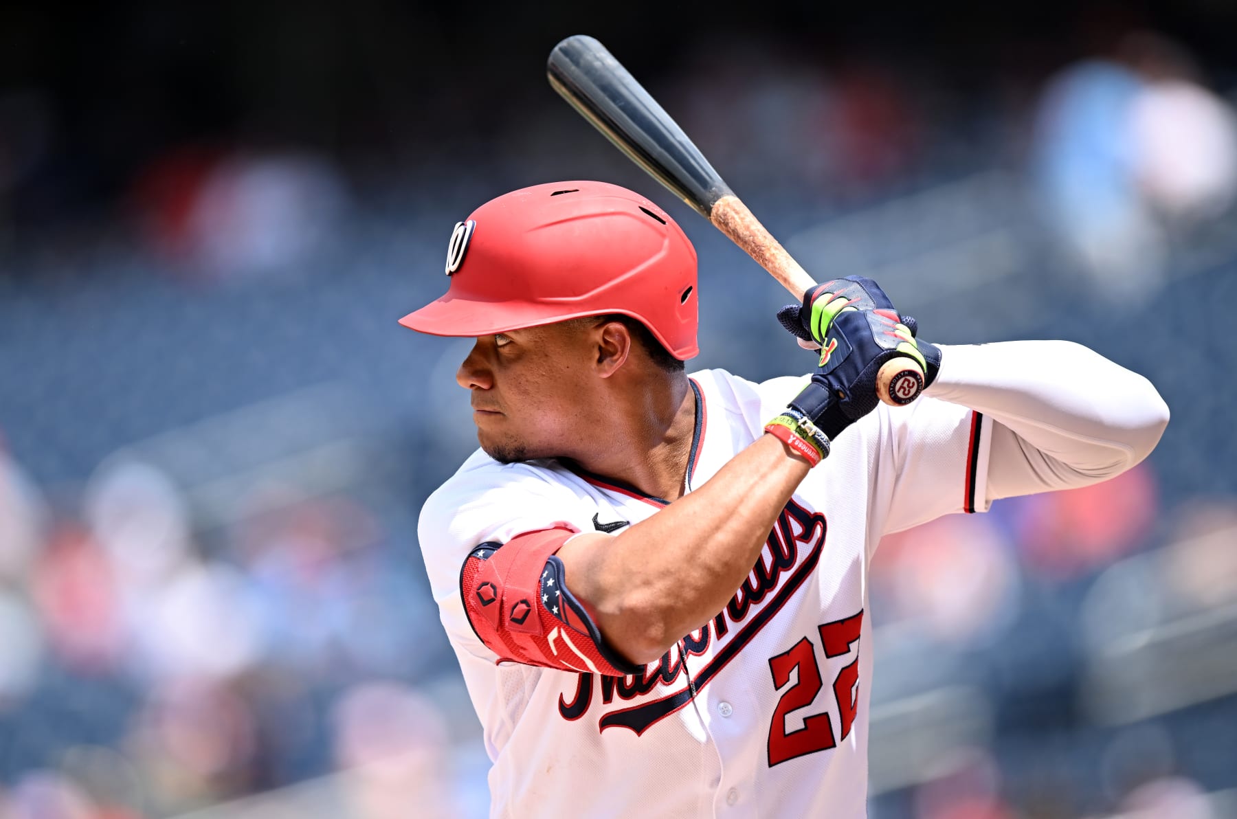 WASHINGTON, DC - JUNE 17: Juan Soto #22 of the Washington Nationals bats against the Philadelphia Phillies during game one of a doubleheader at Nationals Park on June 17, 2022 in Washington, DC. (Photo by G Fiume/Getty Images)