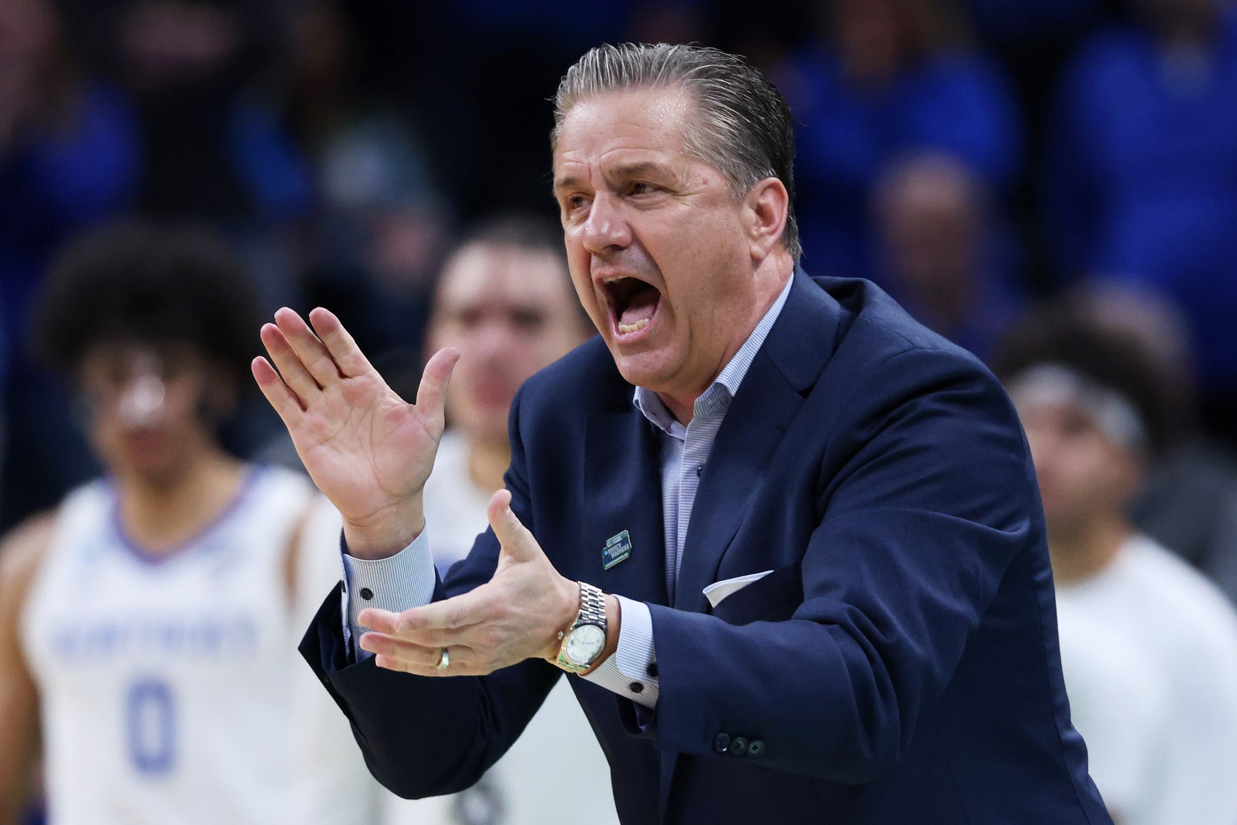 INDIANAPOLIS, INDIANA - MARCH 17: Head coach John Calipari of the Kentucky Wildcats reacts during the second half against the Saint Peter's Peacocks in the first round game of the 2022 NCAA Men's Basketball Tournament at Gainbridge Fieldhouse on March 17, 2022 in Indianapolis, Indiana. (Photo by Dylan Buell/Getty Images)