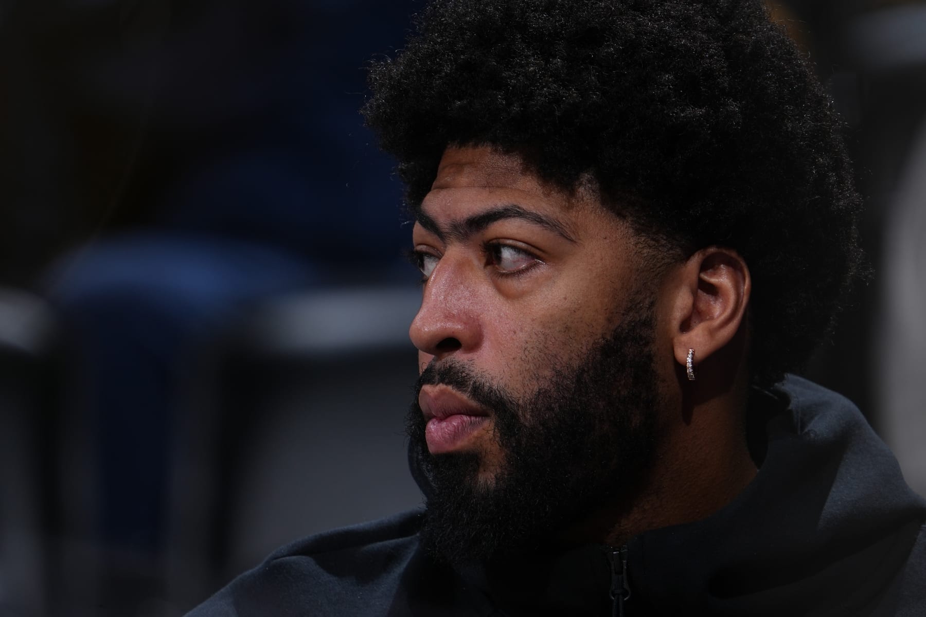 DENVER, CO - APRIL 10: Anthony Davis #3 of the Los Angeles Lakers looks on during the game against the Denver Nuggets on April 1, 2022 at the Ball Arena in Denver, Colorado. NOTE TO USER: User expressly acknowledges and agrees that, by downloading and/or using this Photograph, user is consenting to the terms and conditions of the Getty Images License Agreement. Mandatory Copyright Notice: Copyright 2022 NBAE (Photo by Bart Young/NBAE via Getty Images)
