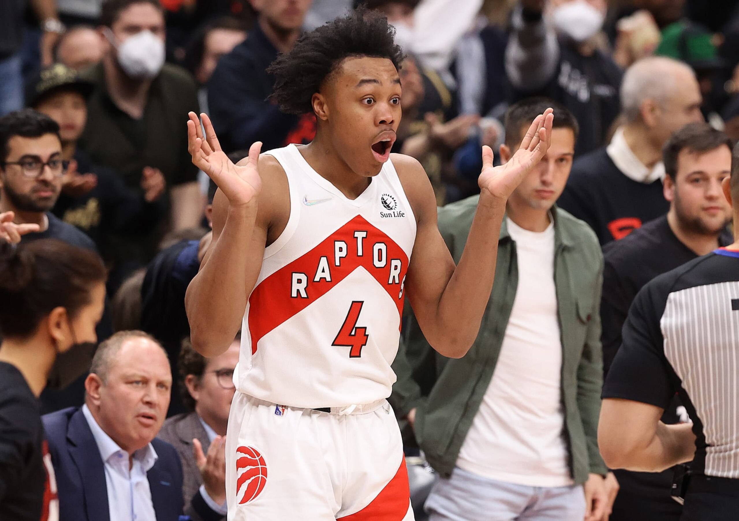 TORONTO, ON- APRIL 28 - Toronto Raptors forward Scottie Barnes (4) reacts to a call against him as the Toronto Raptors fall the Philadelphia 76ers in Game 6 and lose their first round NBA playoff series 4-2 in Scotiabank Arena in Toronto. April 28, 2022. (Steve Russell/Toronto Star via Getty Images) TORONTO, ON- APRIL 28 - Toronto Raptors forward Scottie Barnes (4) reacts to a call against him as the Toronto Raptors fall the Philadelphia 76ers in Game 6 and lose their first round NBA playoff series 4-2 in Scotiabank Arena in Toronto. April 28, 2022. (Steve Russell/Toronto Star via Getty Images)
