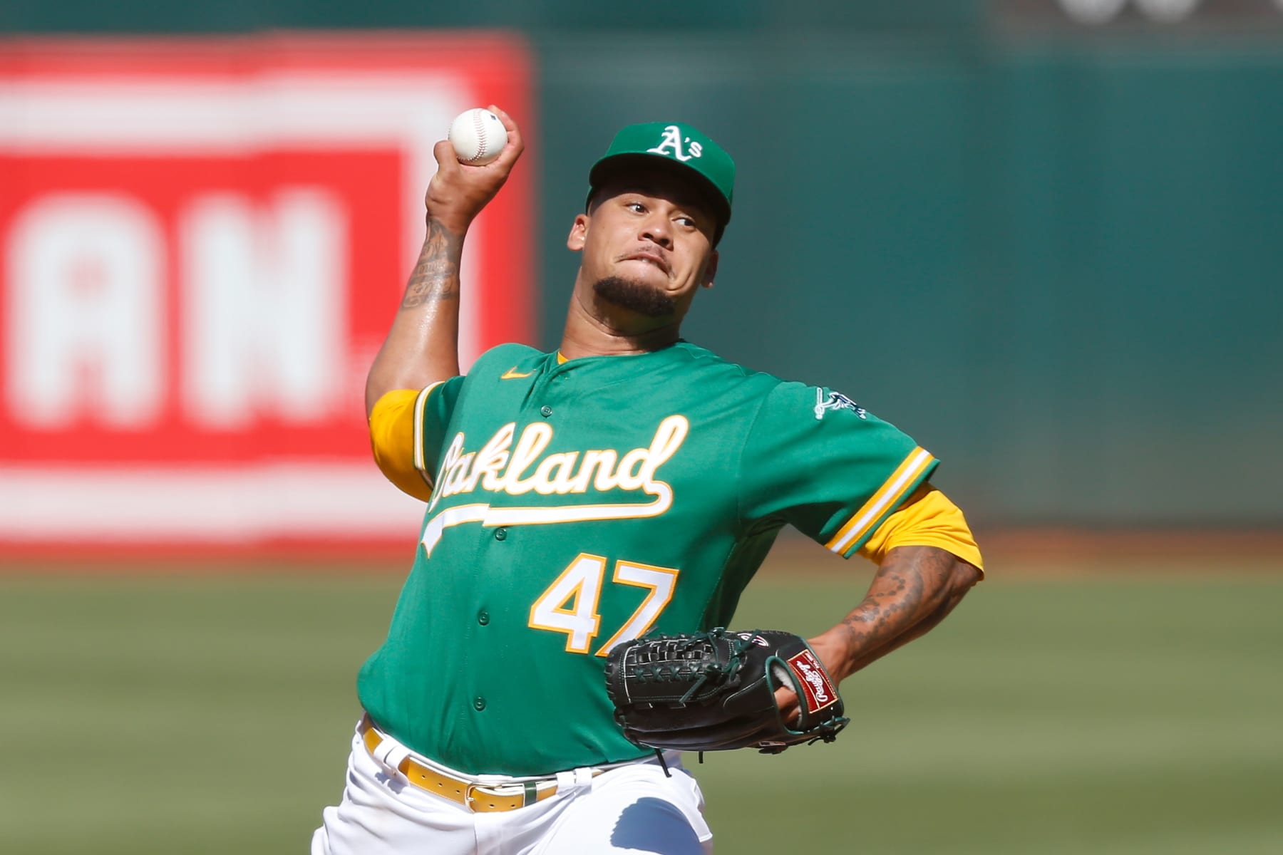 OAKLAND, CALIFORNIA - JULY 21: Frankie Montas #47 of the Oakland Athletics pitches against the Detroit Tigers during game two of a doubleheader at RingCentral Coliseum on July 21, 2022 in Oakland, California. (Photo by Lachlan Cunningham/Getty Images)