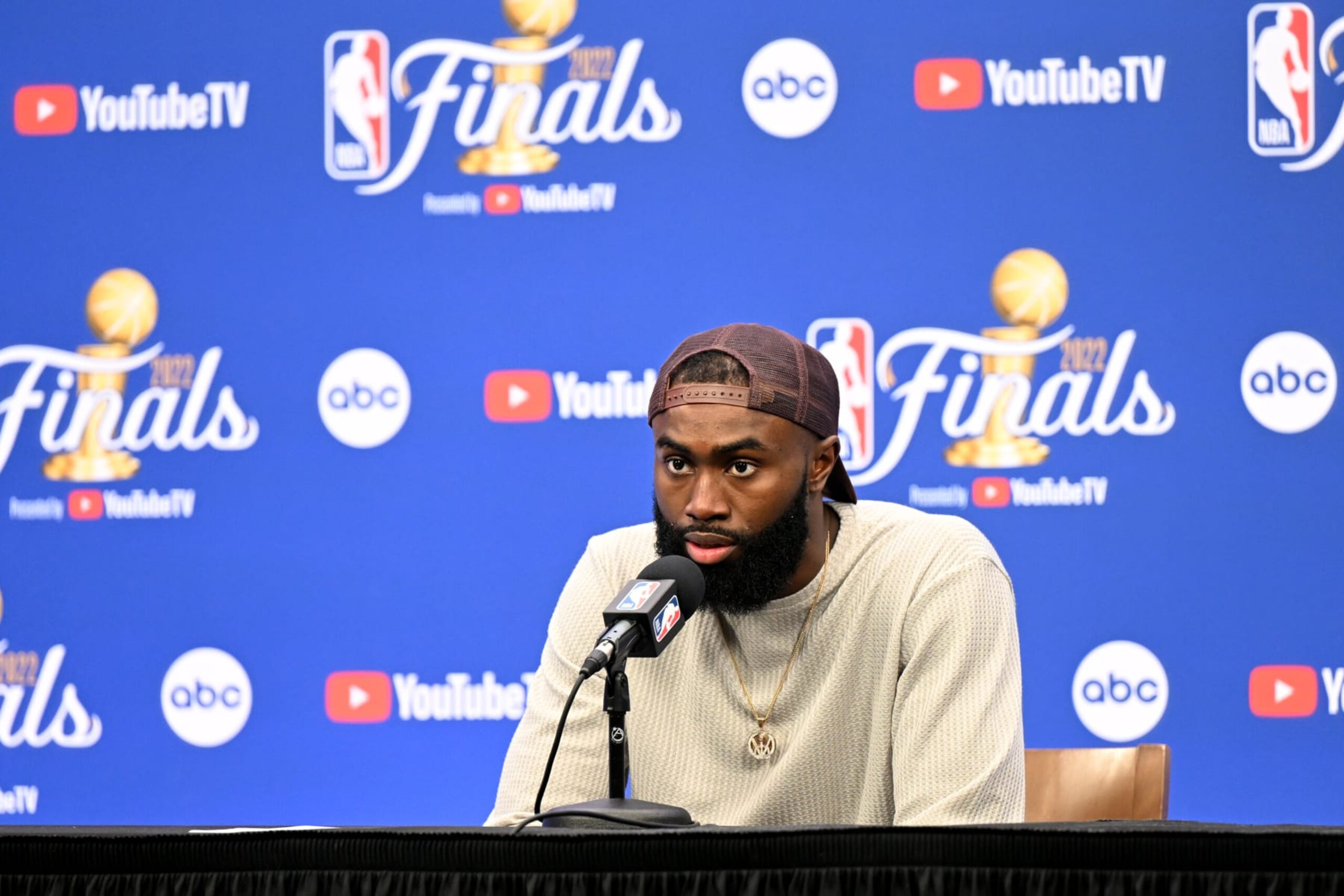 BOSTON, MA - JUNE 16: Jaylen Brown #7 of the Boston Celtics talks to the media after the game against the Golden State Warriors during Game Six of the 2022 NBA Finals on June 16, 2022 at the TD Garden in Boston, Massachusetts. NOTE TO USER: User expressly acknowledges and agrees that, by downloading and or using this photograph, User is consenting to the terms and conditions of the Getty Images License Agreement. Mandatory Copyright Notice: Copyright 2022 NBAE (Photo by Annette Grant/NBAE via Getty Images) BOSTON, MA - JUNE 16: Jaylen Brown #7 of the Boston Celtics talks to the media after the game against the Golden State Warriors during Game Six of the 2022 NBA Finals on June 16, 2022 at the TD Garden in Boston, Massachusetts. NOTE TO USER: User expressly acknowledges and agrees that, by downloading and or using this photograph, User is consenting to the terms and conditions of the Getty Images License Agreement. Mandatory Copyright Notice: Copyright 2022 NBAE (Photo by Annette Grant/NBAE via Getty Images)