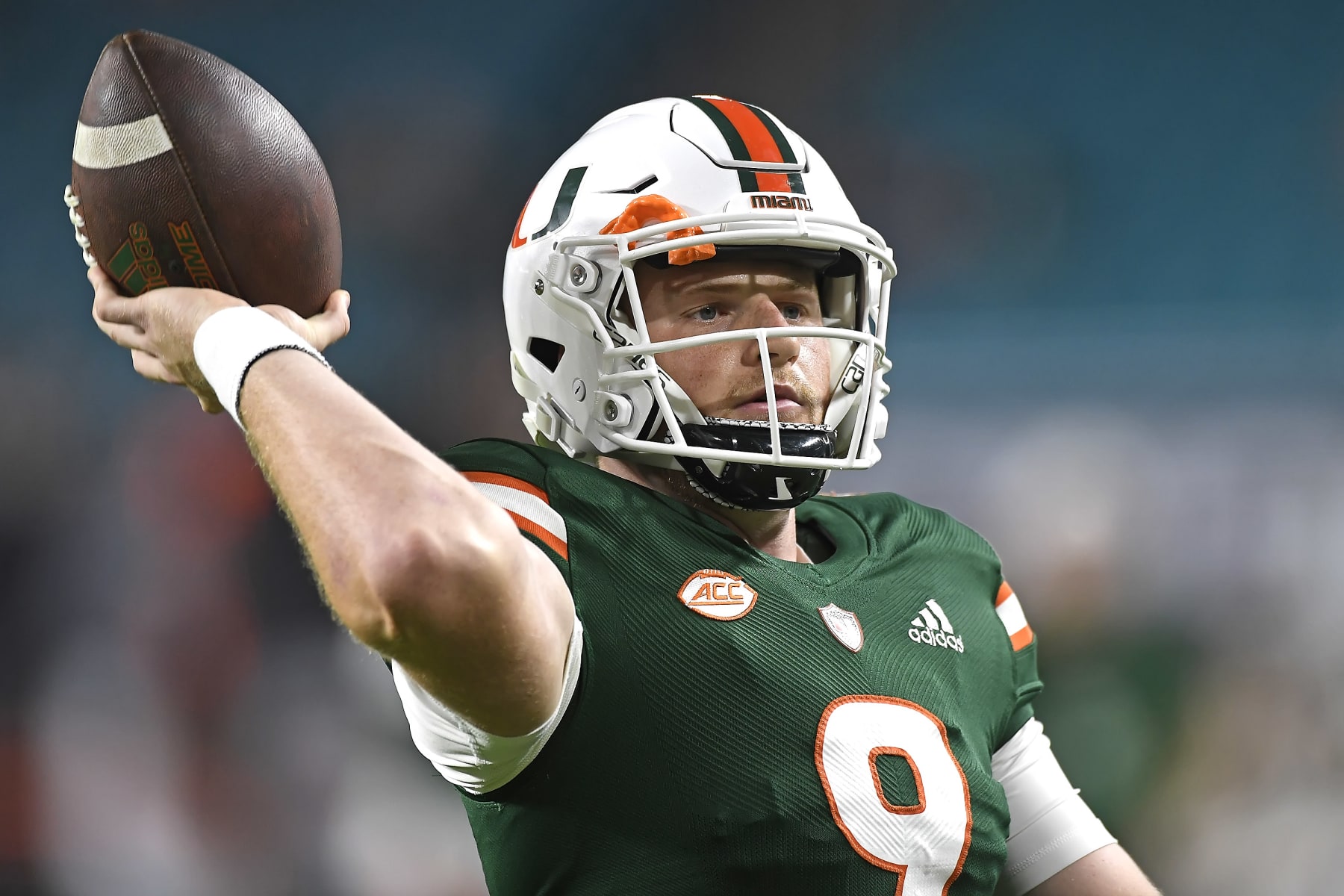 MIAMI GARDENS, FL - NOVEMBER 20: Miami quarterback Tyler Van Dyke (9) warms up prior to the game as the University of Miami Hurricanes faced the Virginia Tech Hokies on November 20, 2021, at Hard Rock Stadium in Miami Gardens, Florida. (Photo by Samuel Lewis/Icon Sportswire via Getty Images) MIAMI GARDENS, FL - NOVEMBER 20: Miami quarterback Tyler Van Dyke (9) warms up prior to the game as the University of Miami Hurricanes faced the Virginia Tech Hokies on November 20, 2021, at Hard Rock Stadium in Miami Gardens, Florida. (Photo by Samuel Lewis/Icon Sportswire via Getty Images)