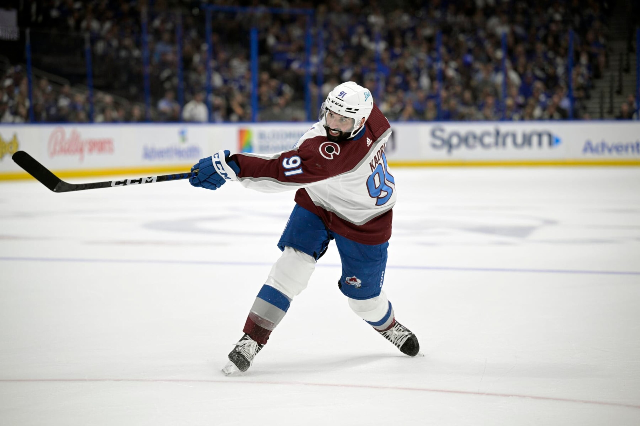 Colorado Avalanche center Nazem Kadri (91) attempts a shot during the second period of Game 6 of the NHL hockey Stanley Cup Finals against the Tampa Bay Lightning on Sunday, June 26, 2022, in Tampa, Fla. (AP Photo/Phelan M. Ebenhack)