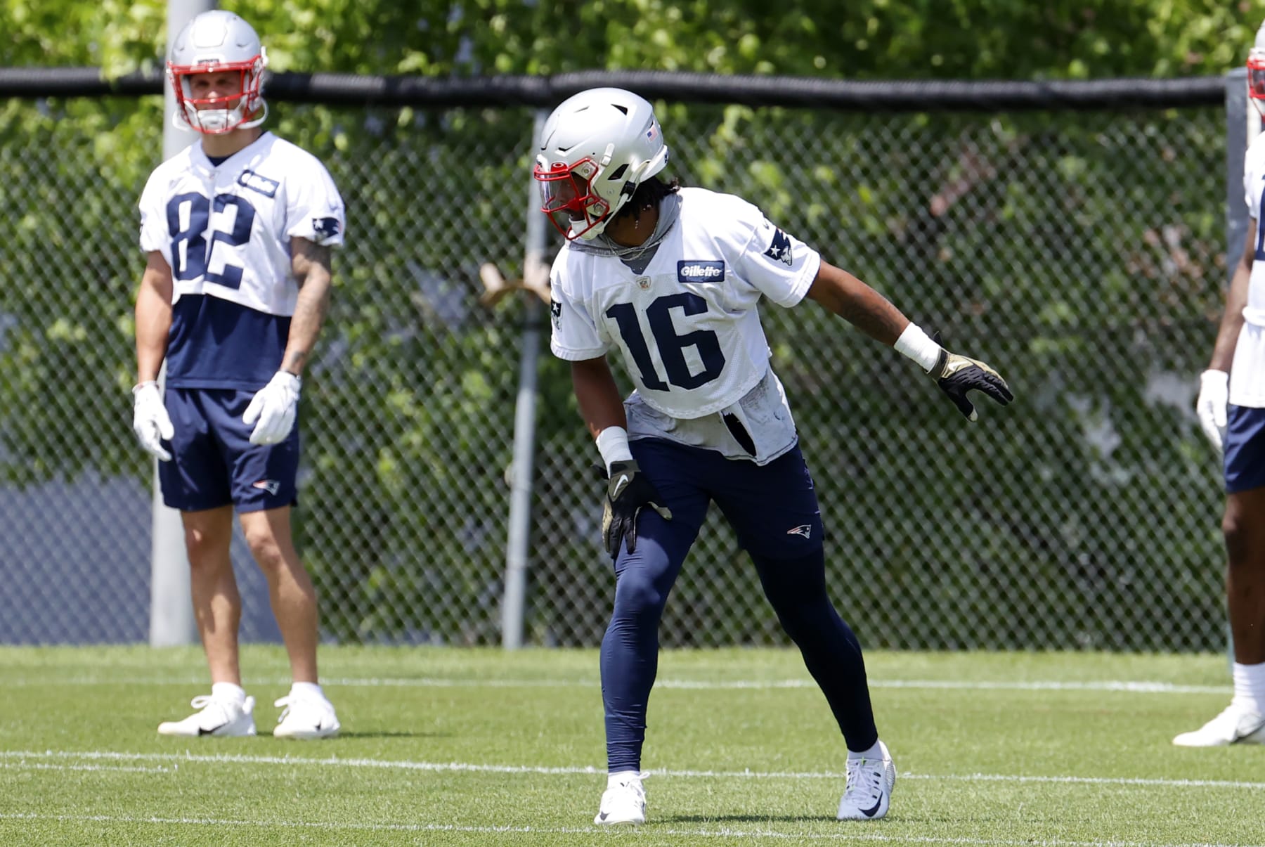 FOXBOROUGH, MA - JUNE 08: New England Patriots wide receiver Jakobi Meyers (16) lines up in the slot during Day 2 of mandatory New England Patriots minicamp on June 8, 2022, at the Patriots Training Facility at Gillette Stadium in Foxborough, Massachusetts. (Photo by Fred Kfoury III/Icon Sportswire via Getty Images)