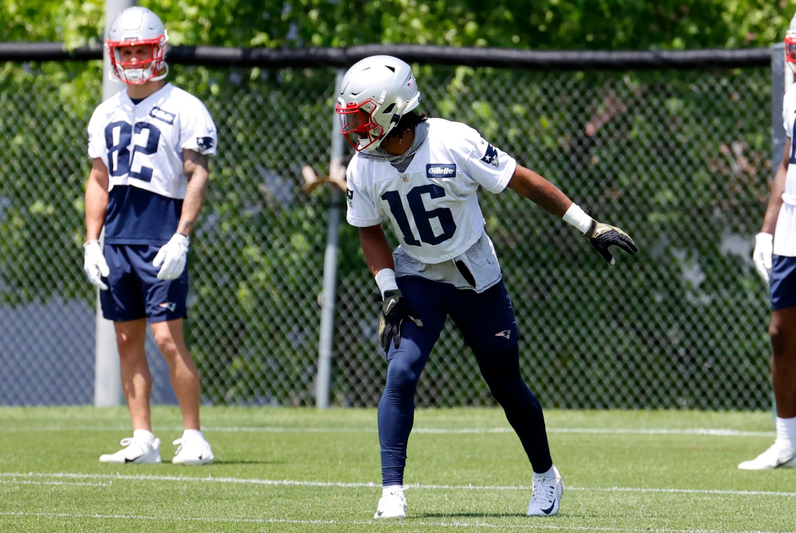 FOXBOROUGH, MA - JUNE 08: New England Patriots wide receiver Jakobi Meyers (16) lines up in the slot during Day 2 of mandatory New England Patriots minicamp on June 8, 2022, at the Patriots Training Facility at Gillette Stadium in Foxborough, Massachusetts. (Photo by Fred Kfoury III/Icon Sportswire via Getty Images)