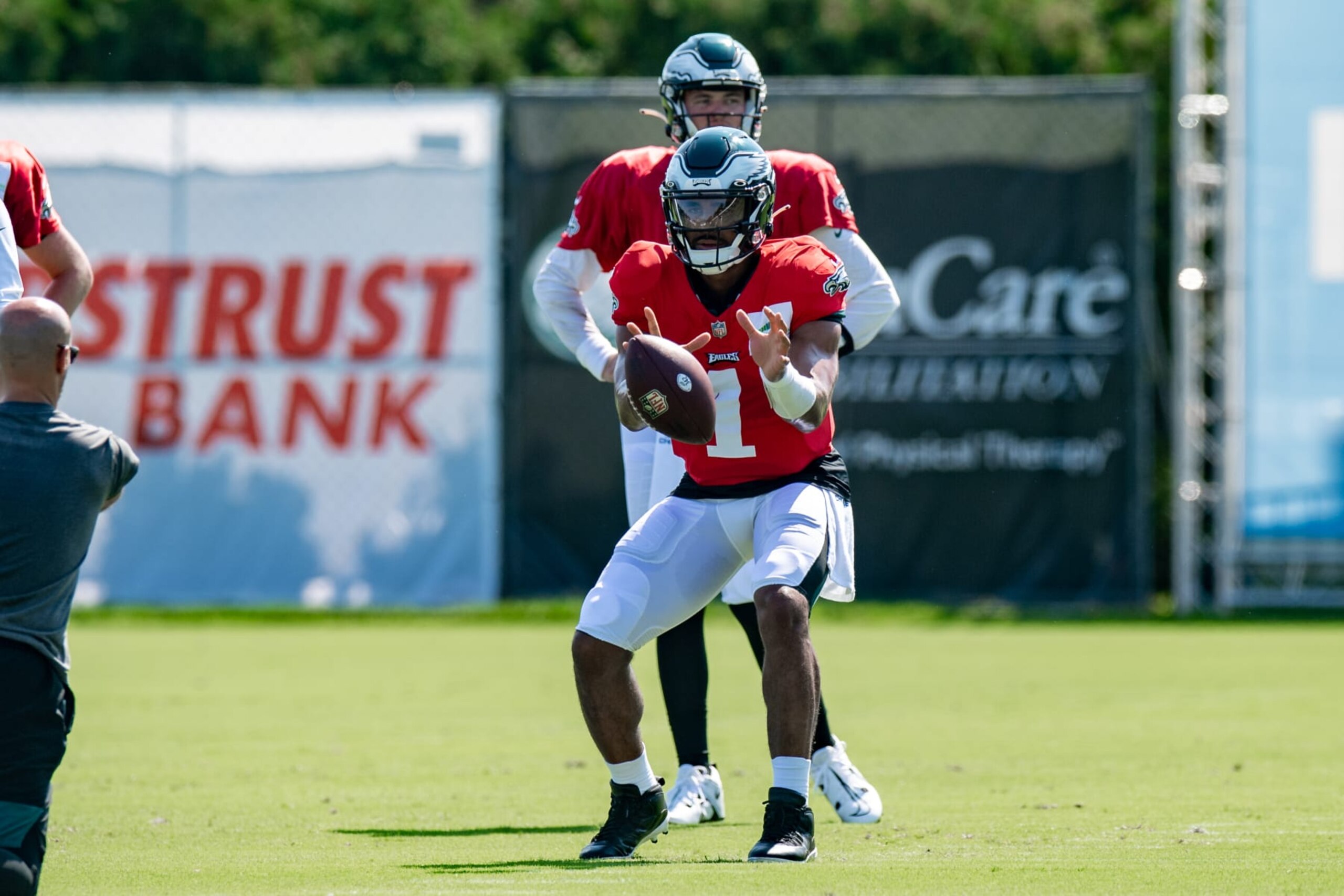 PHILADELPHIA, PA - AUGUST 02:  Philadelphia Eagles quarterback Jalen Hurts (1) participates in a drill during training camp  on August 2, 2022 at the Novacare Complex in Philadelphia, PA (Photo by John Jones/Icon Sportswire via Getty Images)