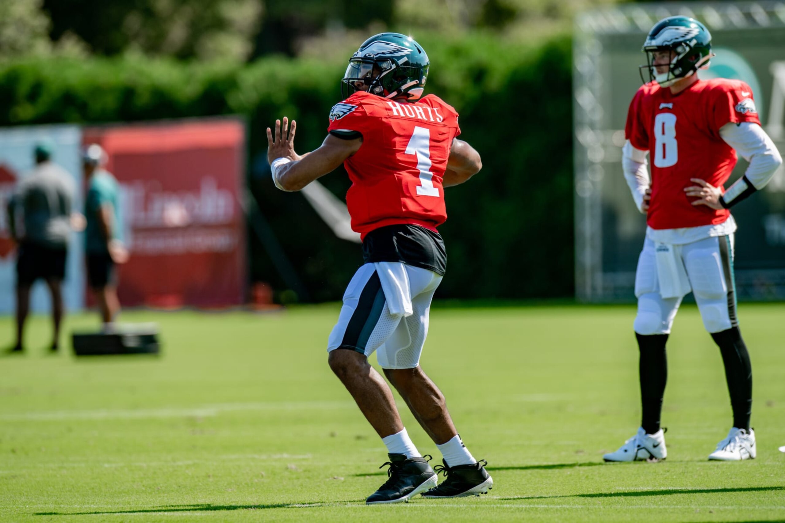 PHILADELPHIA, PA - AUGUST 02:  Philadelphia Eagles quarterback Jalen Hurts (1) participates in a drill during training camp  on August 2, 2022 at the Novacare Complex in Philadelphia, PA (Photo by John Jones/Icon Sportswire via Getty Images)