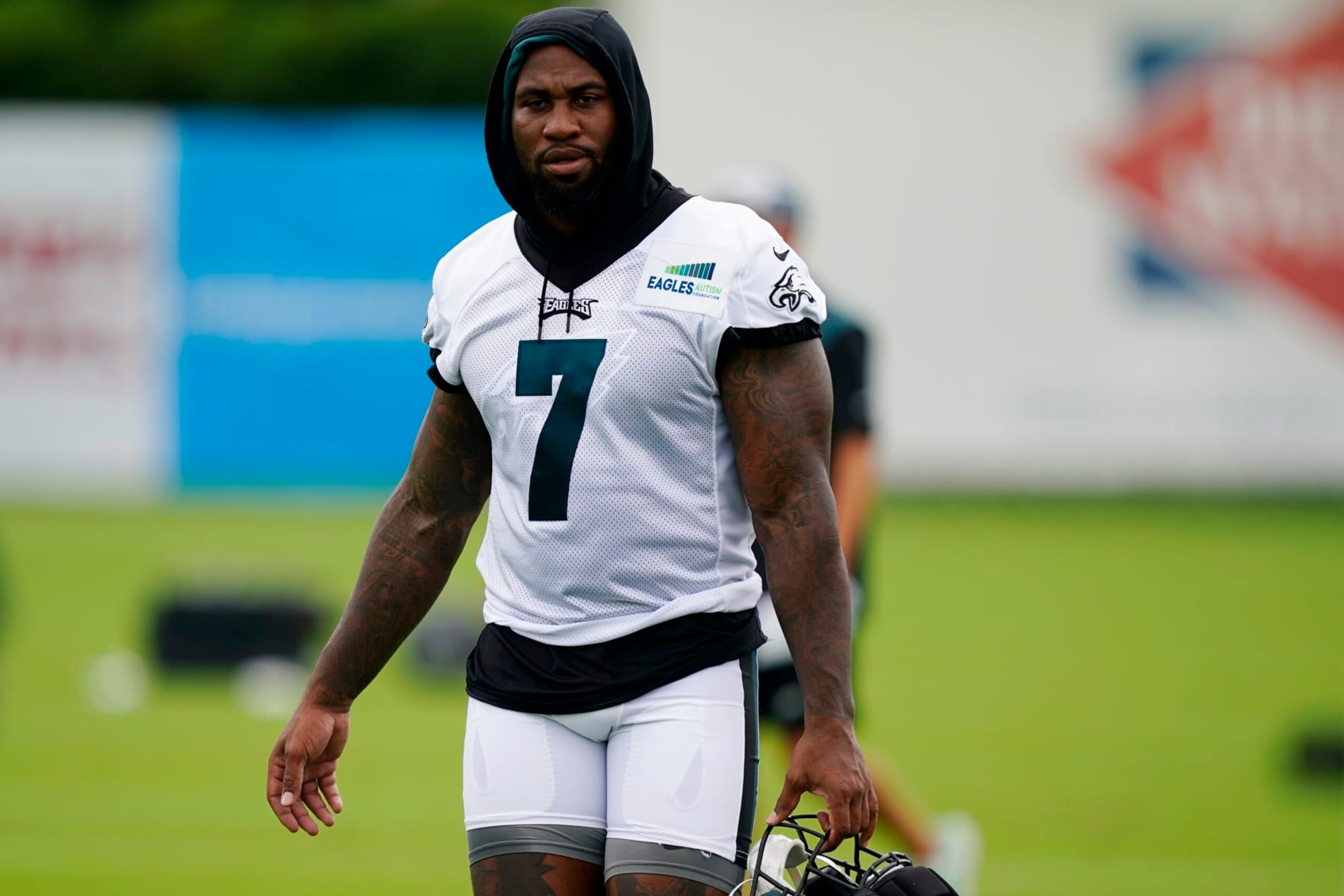 Philadelphia Eagles' Haason Reddick walks off the field after training camp at the NFL football team's practice facility, Friday, July 29, 2022, in Philadelphia. (AP Photo/Matt Slocum)