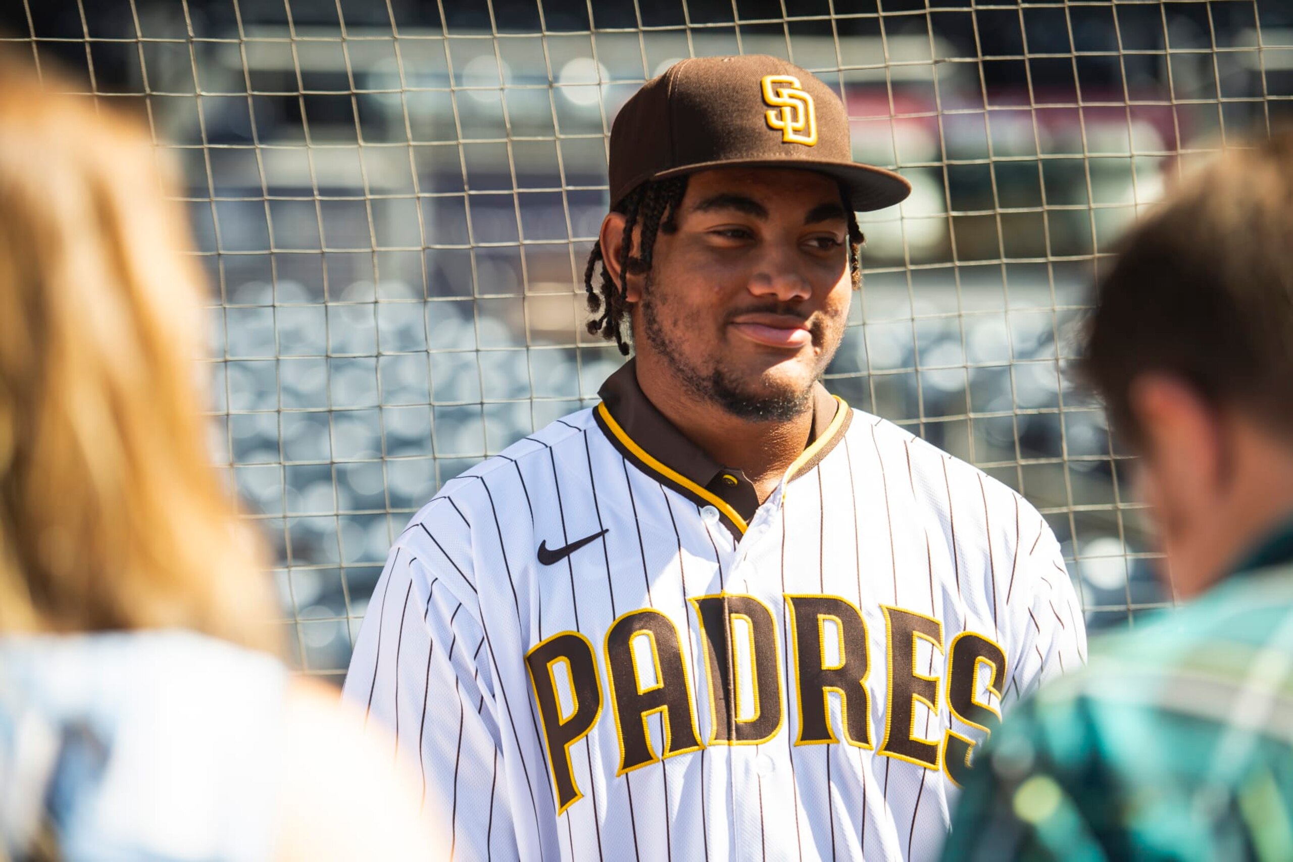 SAN DIEGO, CA - SEPTEMBER 4: The San Diego Padres 2021 second-round draft pick James Wood speaks to the media before the San Diego Padres face against the Houston Astros  on September 4, 2021 at Petco Park in San Diego, California. (Photo by Matt Thomas/San Diego Padres/Getty Images)