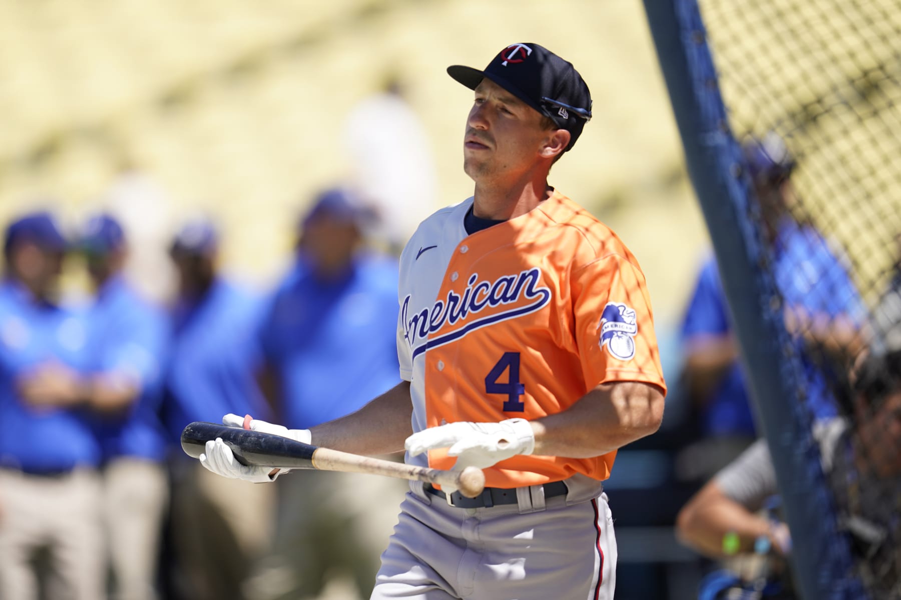 Spencer Steer, of the Minnesota Twins, warms up before the MLB All-Star Futures baseball game, Saturday, July 16, 2022, in Los Angeles. (AP Photo/Abbie Parr)