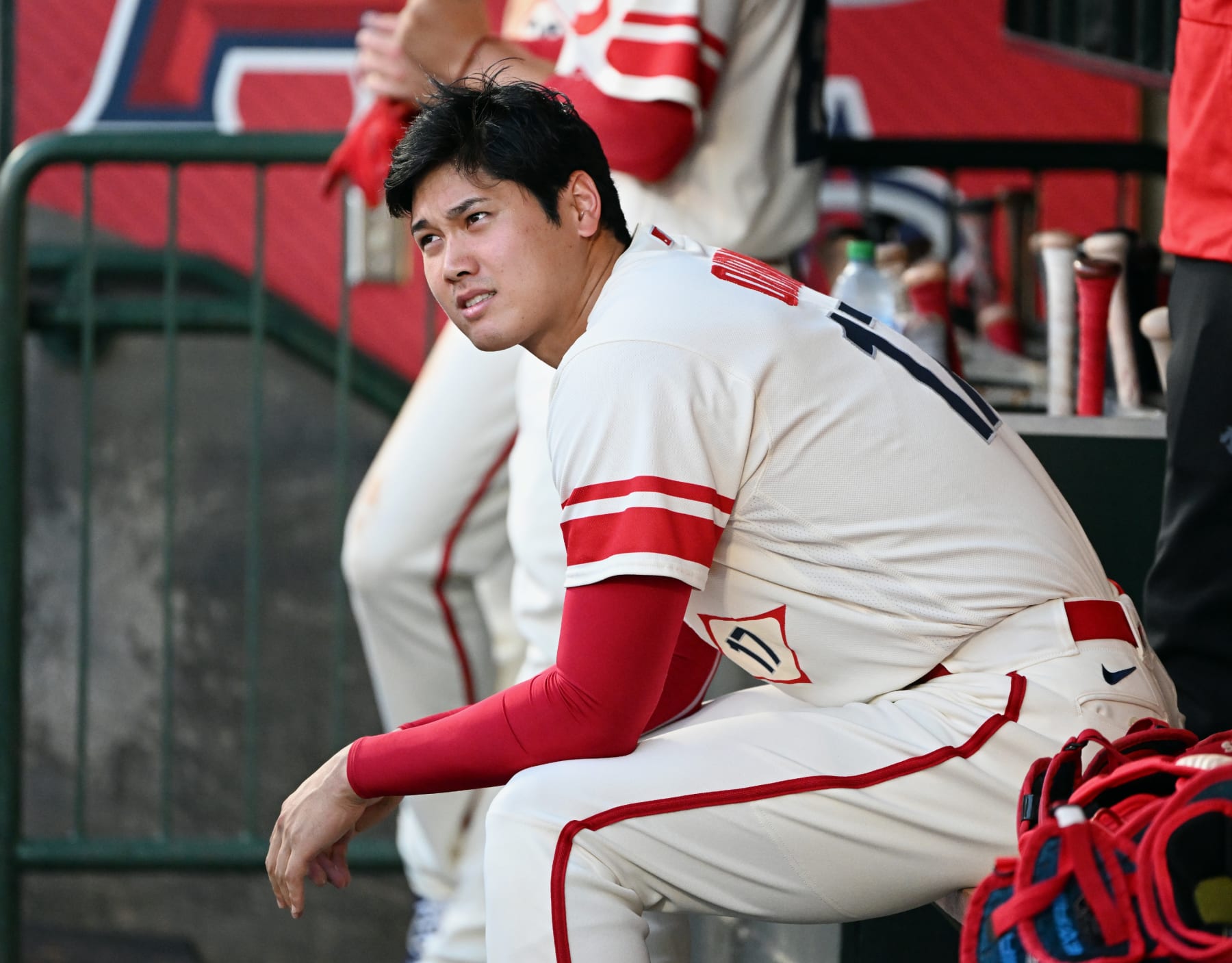 ANAHEIM, CA - AUGUST 02: Los Angeles Angels designated hitter Shohei Ohtani (17) in the dugout during an MLB baseball game against the Oakland Athletics played on August 2, 2022 at Angel Stadium in Anaheim, CA. (Photo by John Cordes/Icon Sportswire via Getty Images)