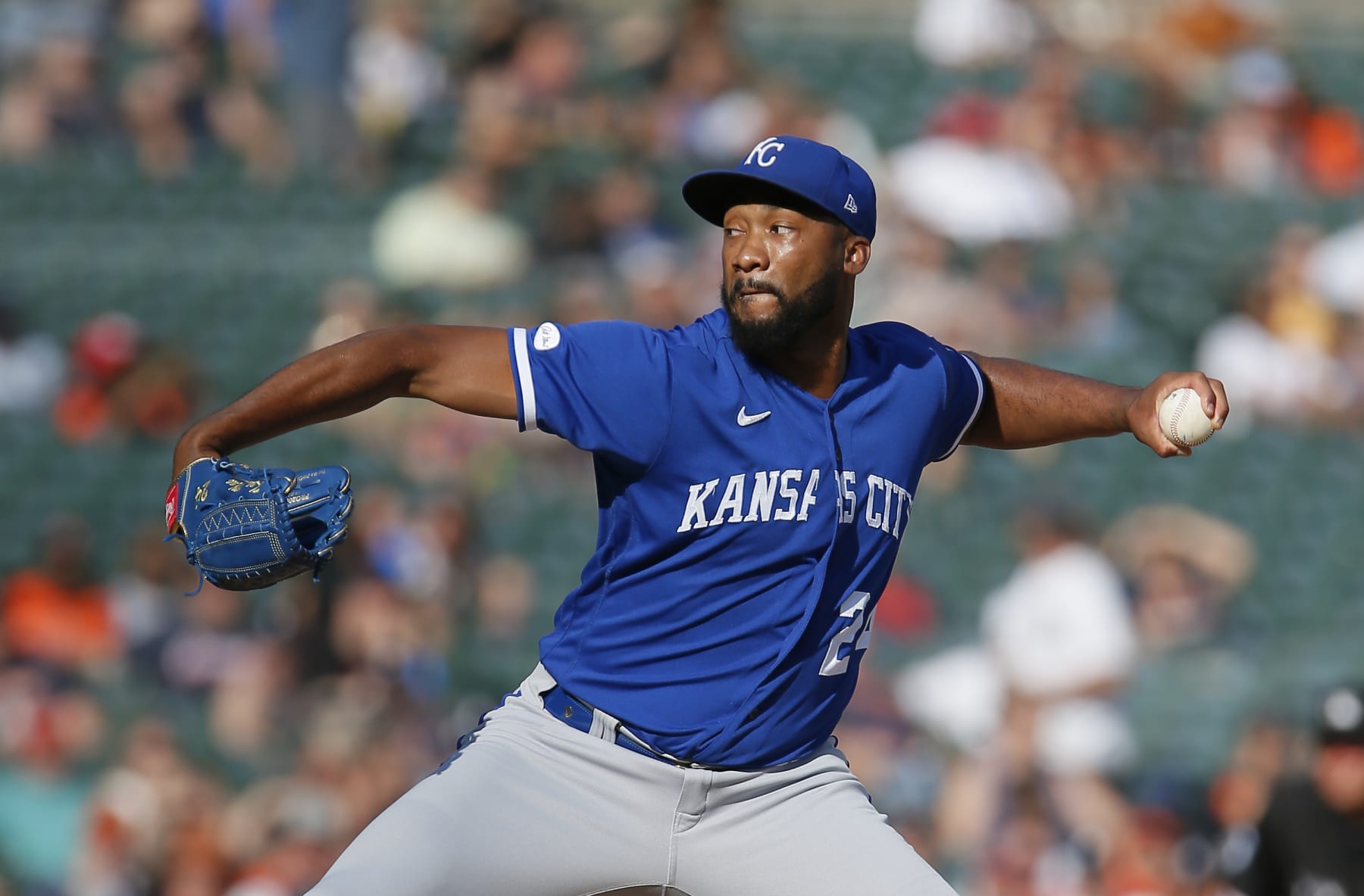 DETROIT, MI -  JULY 2:  Amir Garrett #24 of the Kansas City Royals pitches against the Detroit Tigers at Comerica Park on July 2, 2022, in Detroit, Michigan. (Photo by Duane Burleson/Getty Images)