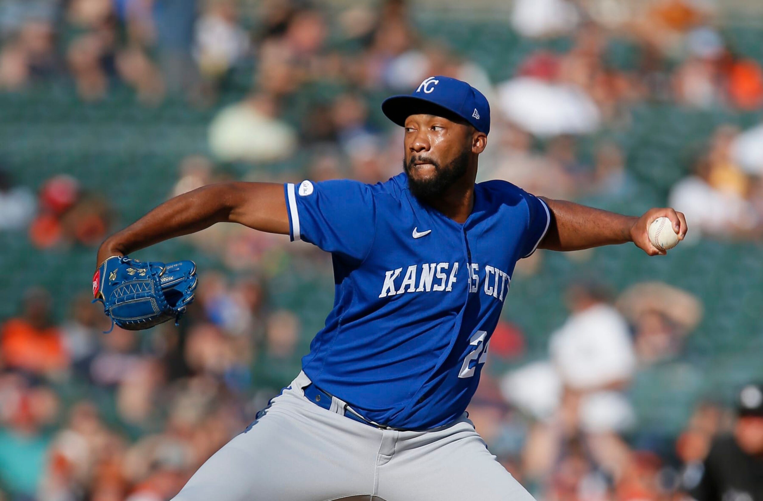 DETROIT, MI - JULY 2: Amir Garrett #24 of the Kansas City Royals pitches against the Detroit Tigers at Comerica Park on July 2, 2022, in Detroit, Michigan. (Photo by Duane Burleson/Getty Images) DETROIT, MI - JULY 2: Amir Garrett #24 of the Kansas City Royals pitches against the Detroit Tigers at Comerica Park on July 2, 2022, in Detroit, Michigan. (Photo by Duane Burleson/Getty Images)
