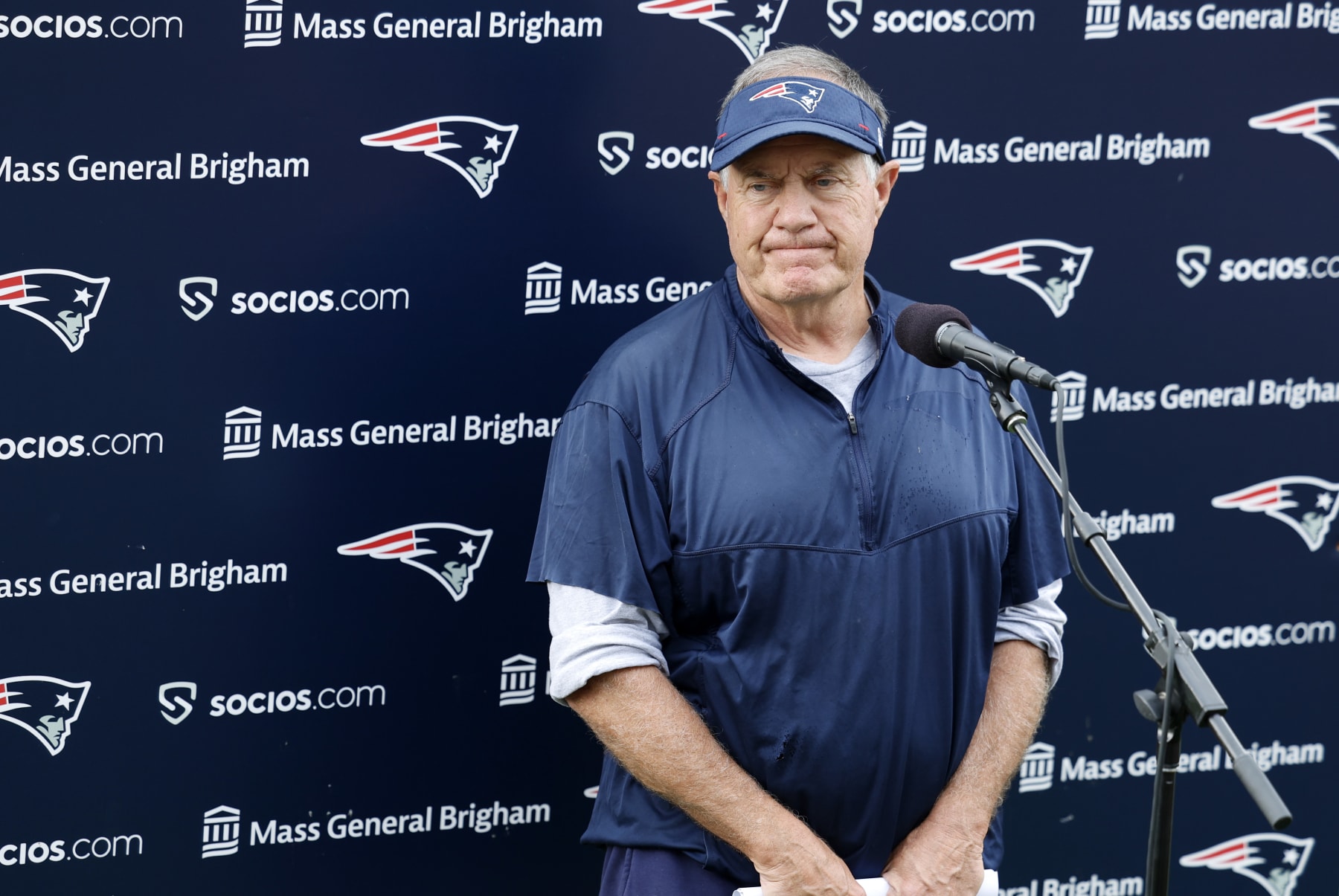 FOXBOROUGH, MA - JULY 28: New England Patriots head coach Bill Belichick fields questions during New England Patriots training camp on July 28, 2022, at the Patriots Training Facility at Gillette Stadium in Foxborough, Massachusetts. (Photo by Fred Kfoury III/Icon Sportswire via Getty Images)