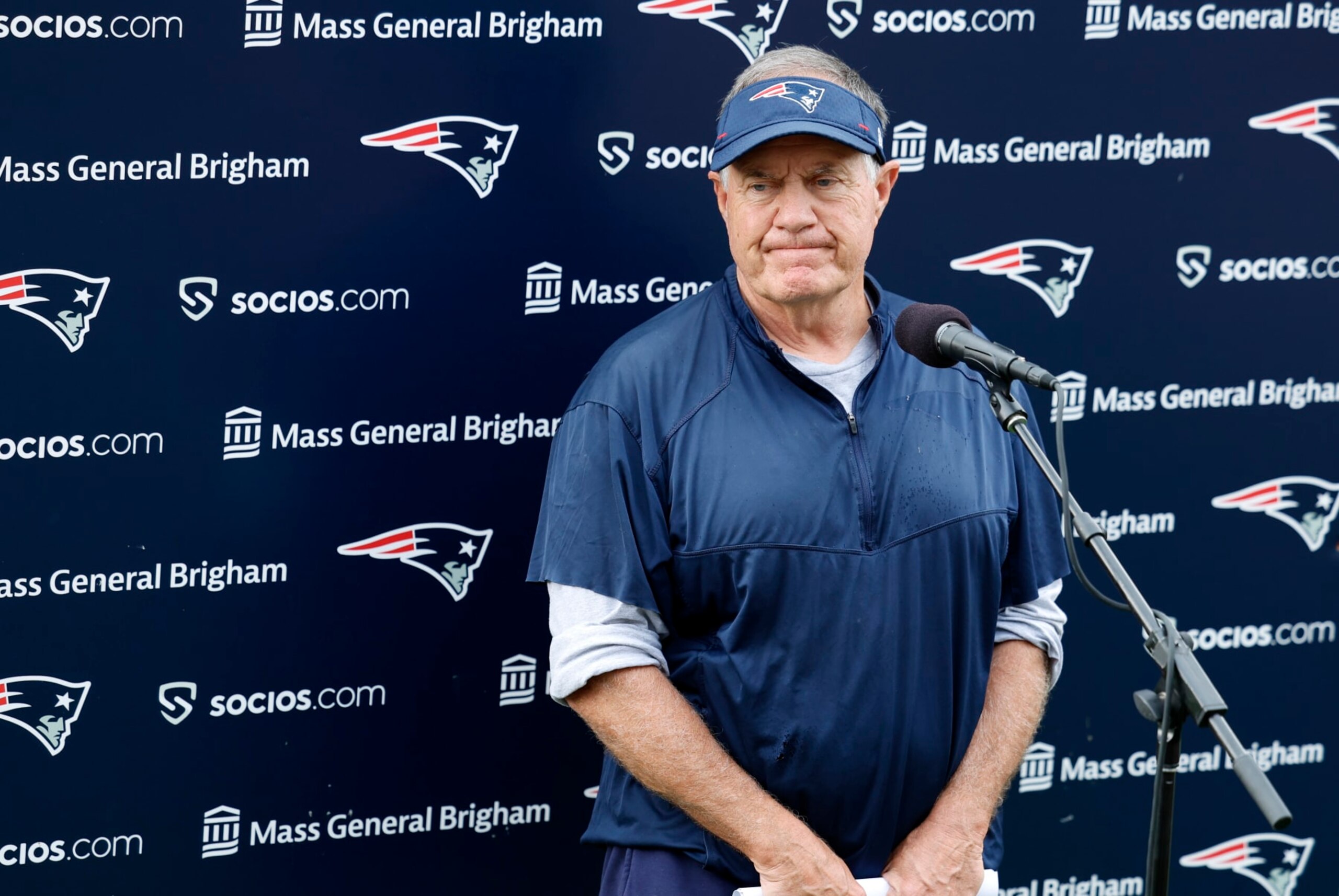 FOXBOROUGH, MA - JULY 28: New England Patriots head coach Bill Belichick fields questions during New England Patriots training camp on July 28, 2022, at the Patriots Training Facility at Gillette Stadium in Foxborough, Massachusetts. (Photo by Fred Kfoury III/Icon Sportswire via Getty Images)