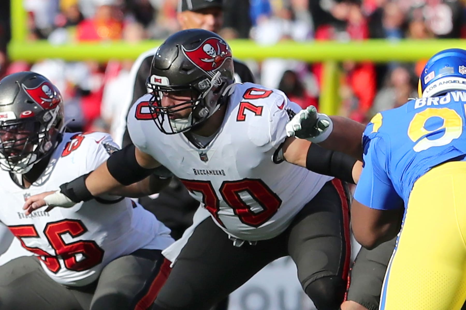 TAMPA, FL - JANUARY 23: Tampa Bay Buccaneers Offensive Lineman Robert Hainsey (70) blocks during the NFC Divisional game between the Los Angeles Rams and the Tampa Bay Buccaneers on January 23, 2022 at Raymond James Stadium in Tampa, Florida. (Photo by Cliff Welch/Icon Sportswire via Getty Images)